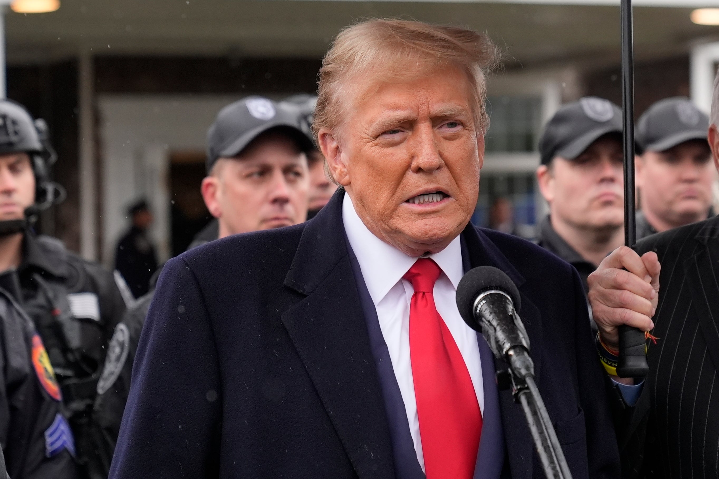 Former President Donald Trump speaks during a news conference after attending the wake of New York City police officer Jonathan Diller