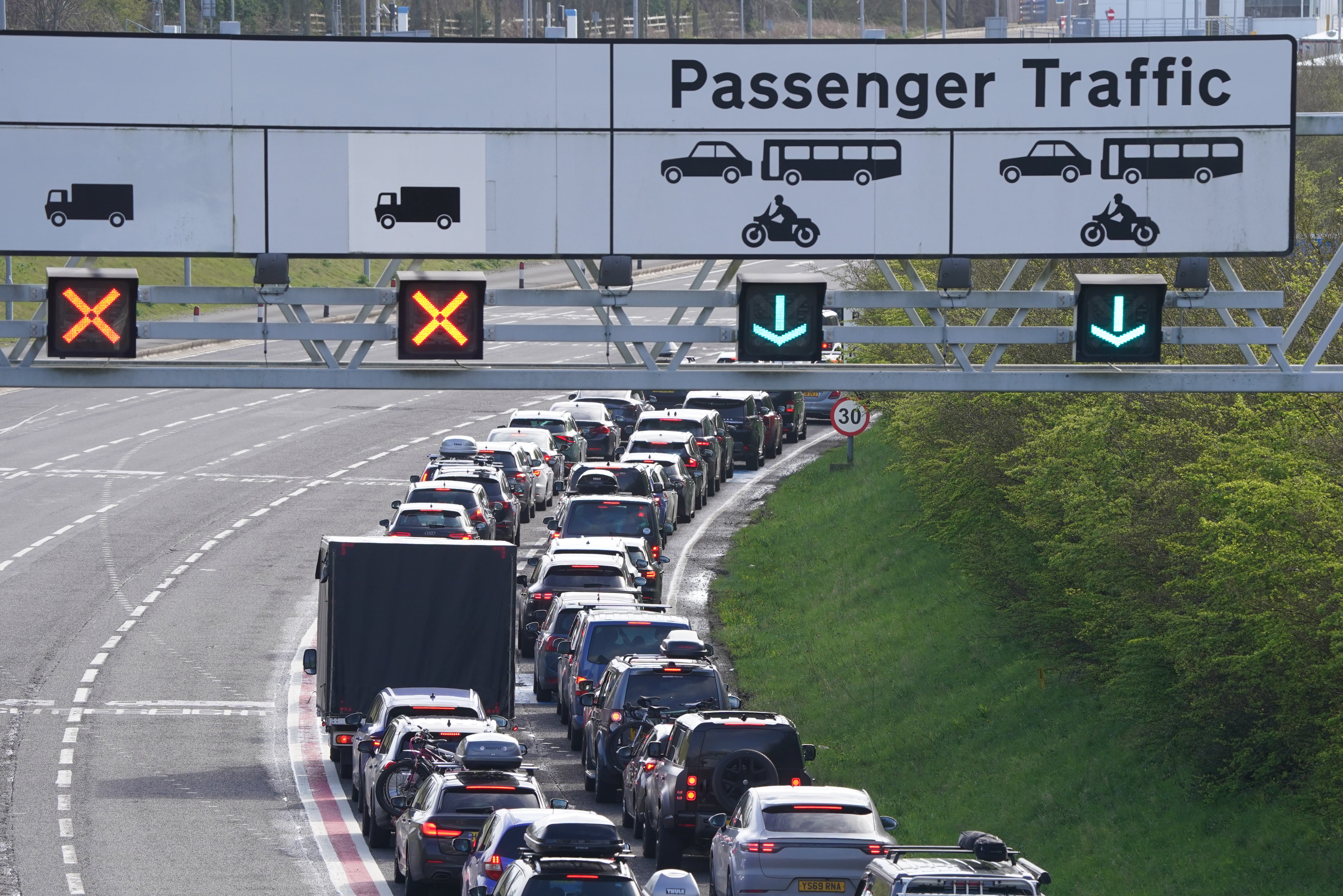 Passengers queue to enter the Eurotunnel site in Folkestone