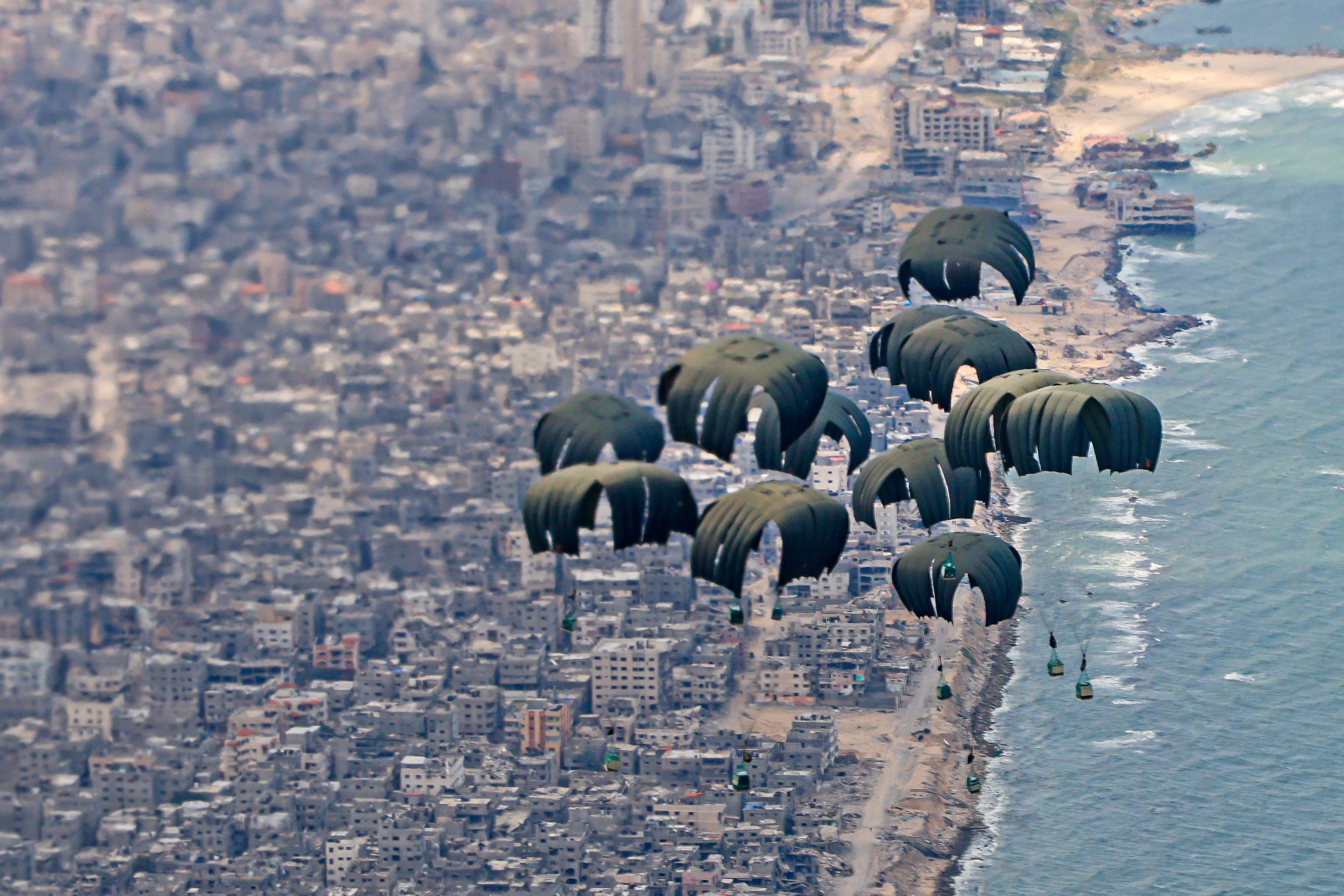 An RAF aircraft flew from Amman in Jordan to drop the supplies along the war-torn territory’s coastline (Ministry of Defence/PA)