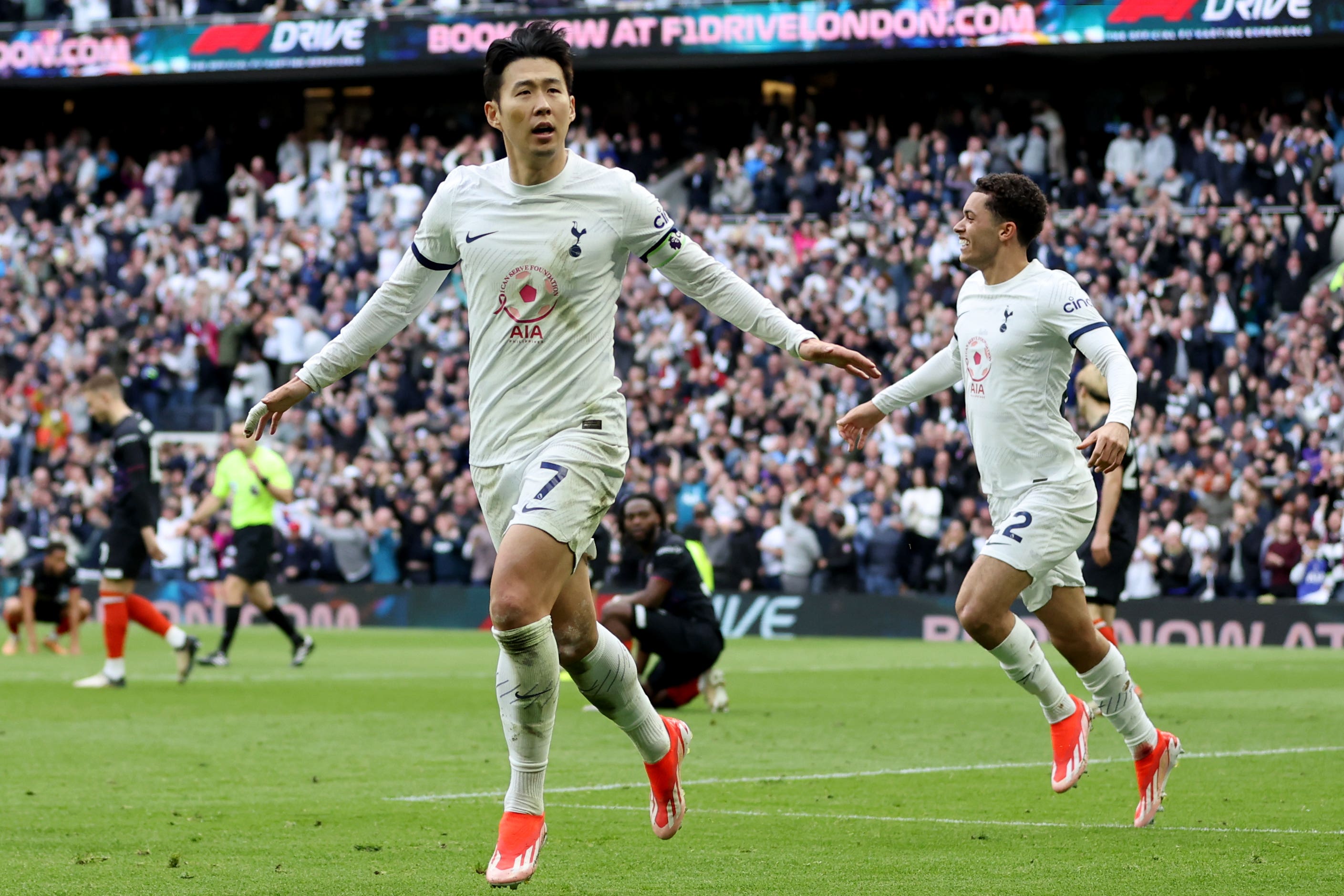 Son Heung-Min celebrates scoring Tottenham’s winner against Luton (Steven Paston/PA)