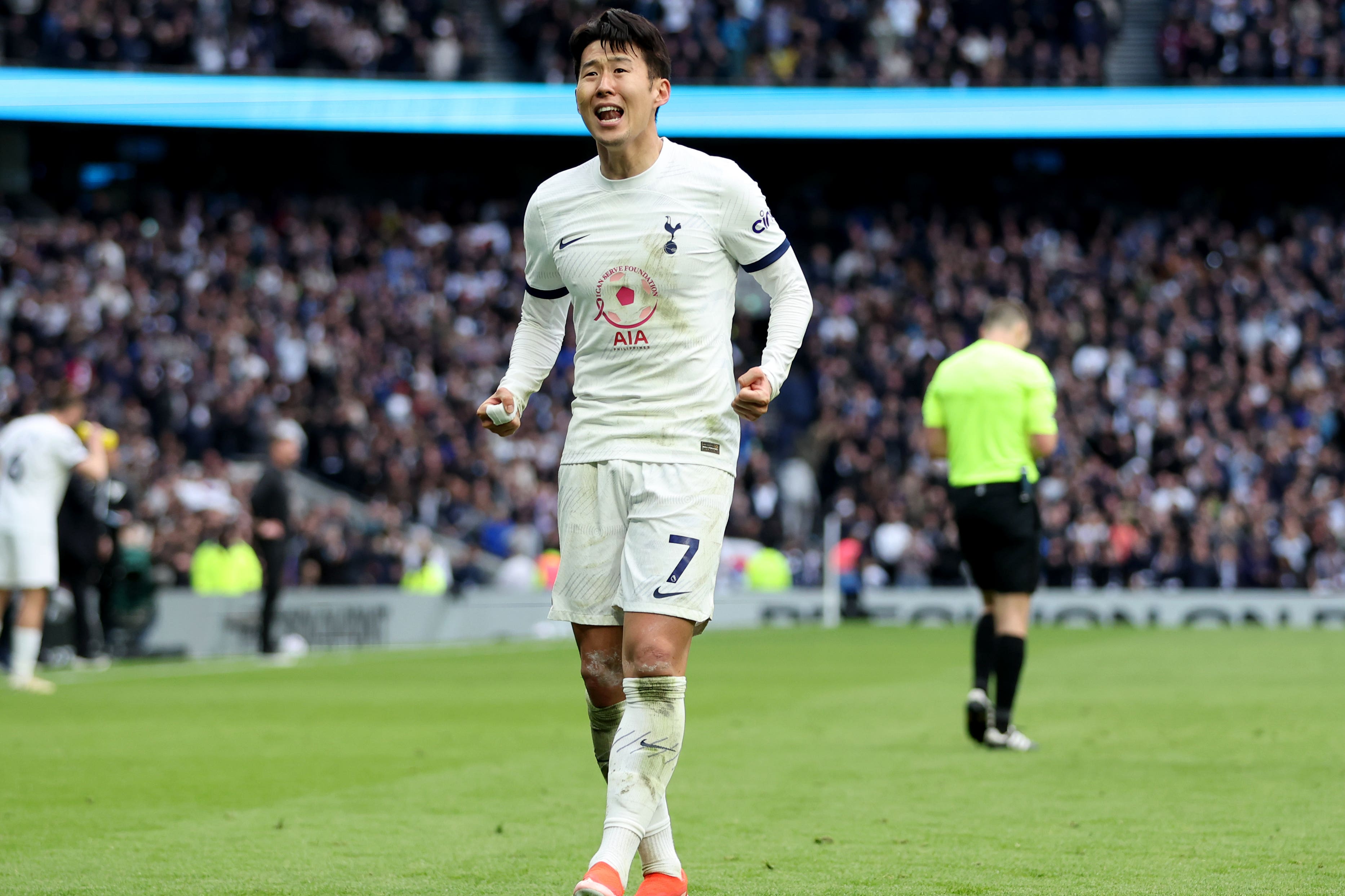 Son Heung-min celebrates Tottenham’s 2-1 win over Luton (Steven Paston/PA)