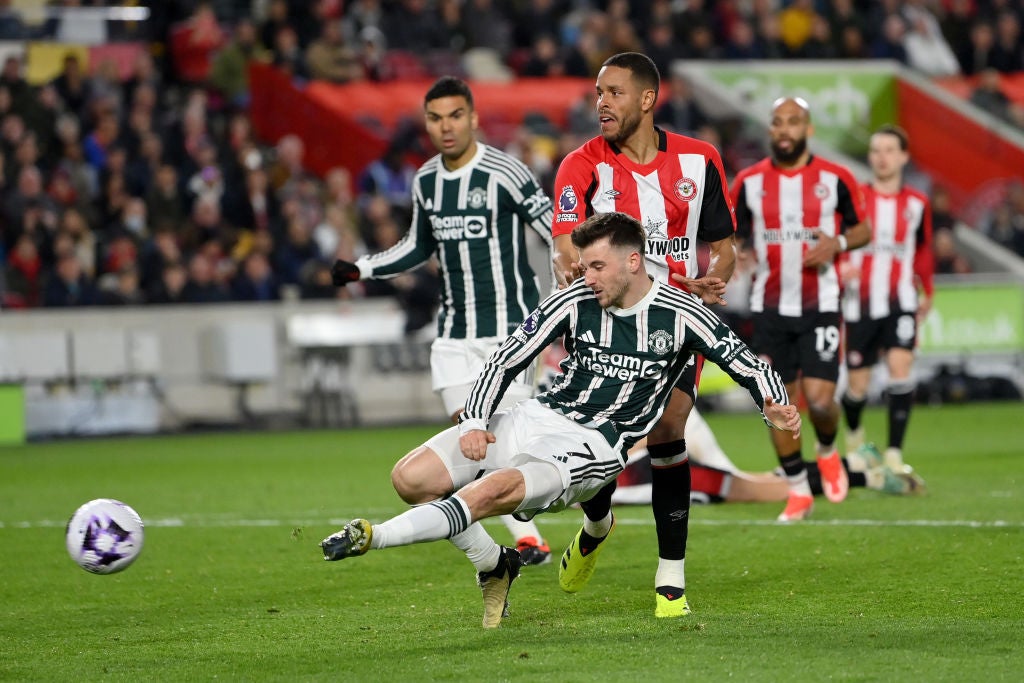 Mason Mount of Manchester United scores against Brentford