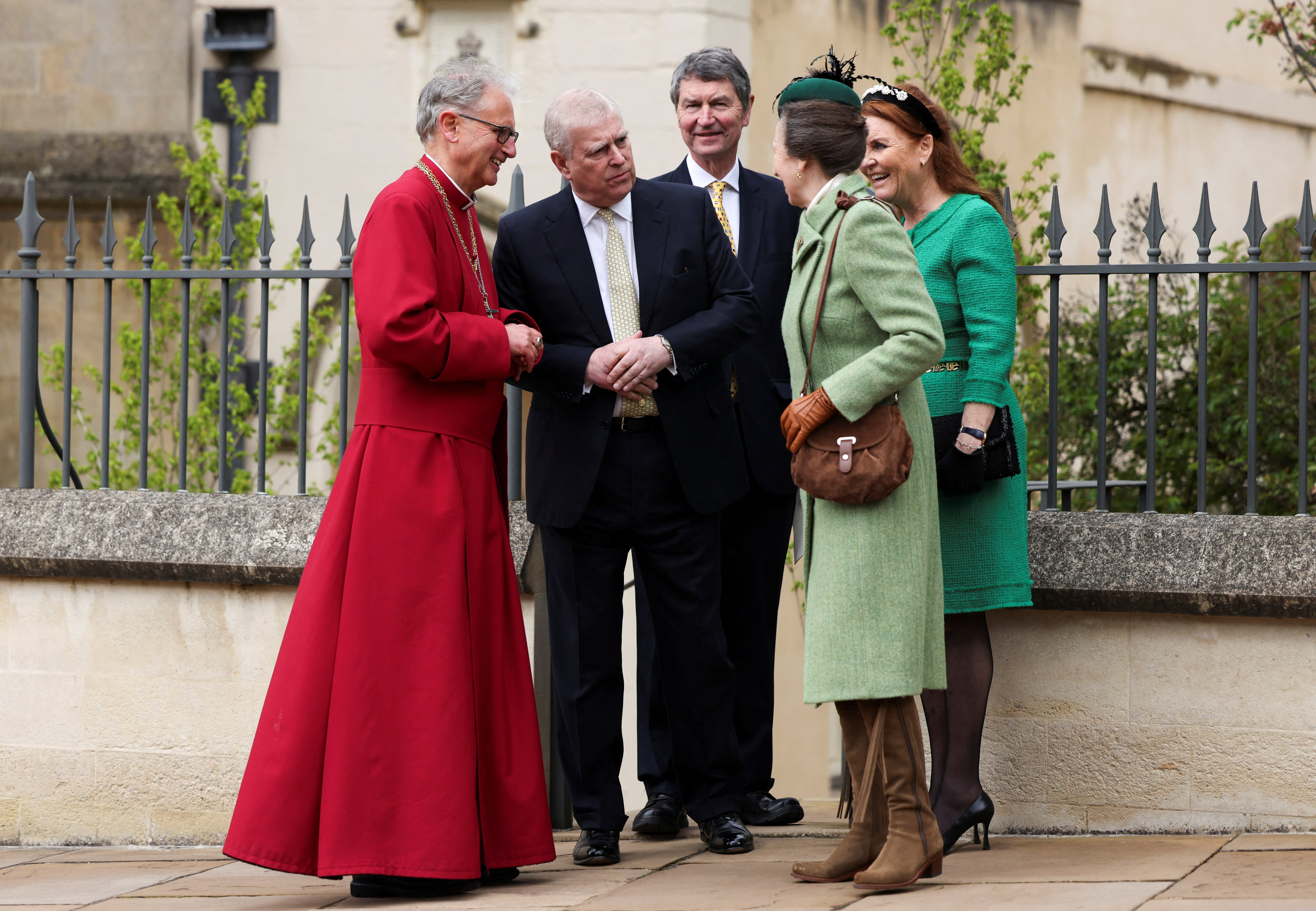 Princess Anne, Sir Tim, Sarah Ferguson and the Duke of York leave after attending the Easter Mattins service