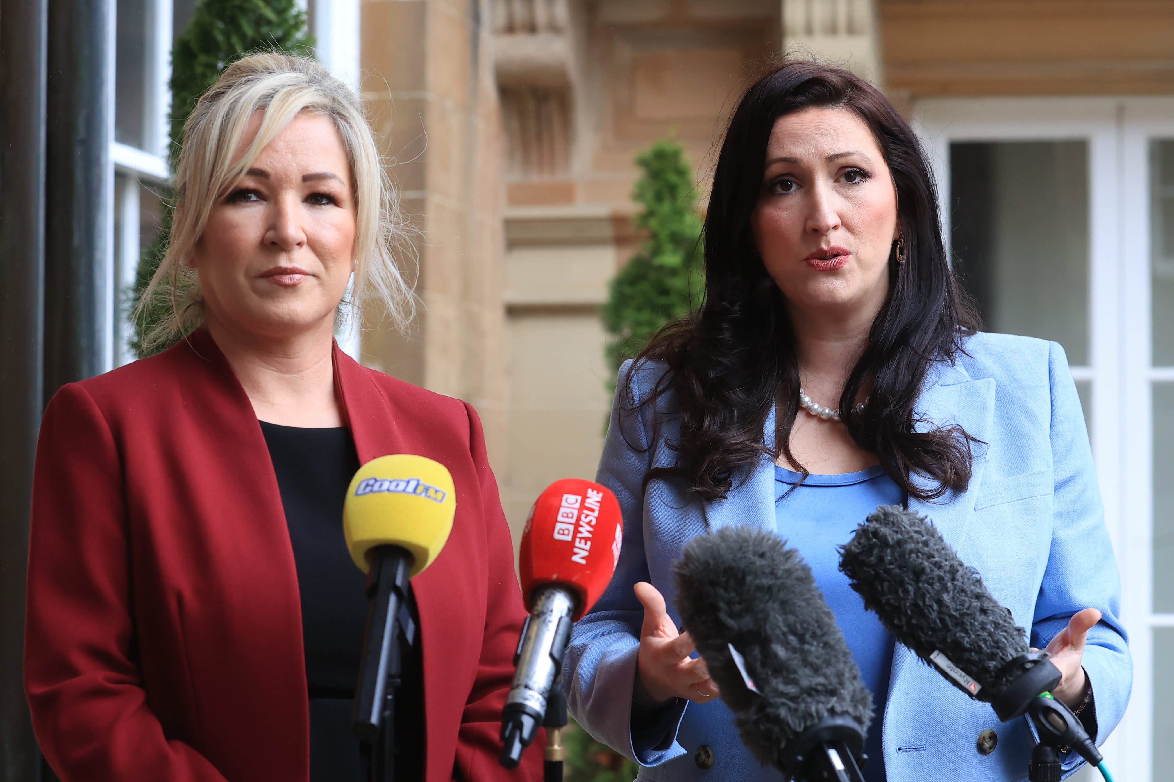 First Minister Michelle O’Neill (left) and Deputy First Minister Emma Little-Pengelly speaking to the media after Queen Camilla attended an event hosted by the Queen’s Reading Room to mark World Poetry Day at Hillsborough Castle in Belfast, during her two-day official visit to Northern Ireland. Picture date: Thursday March 21, 2024.