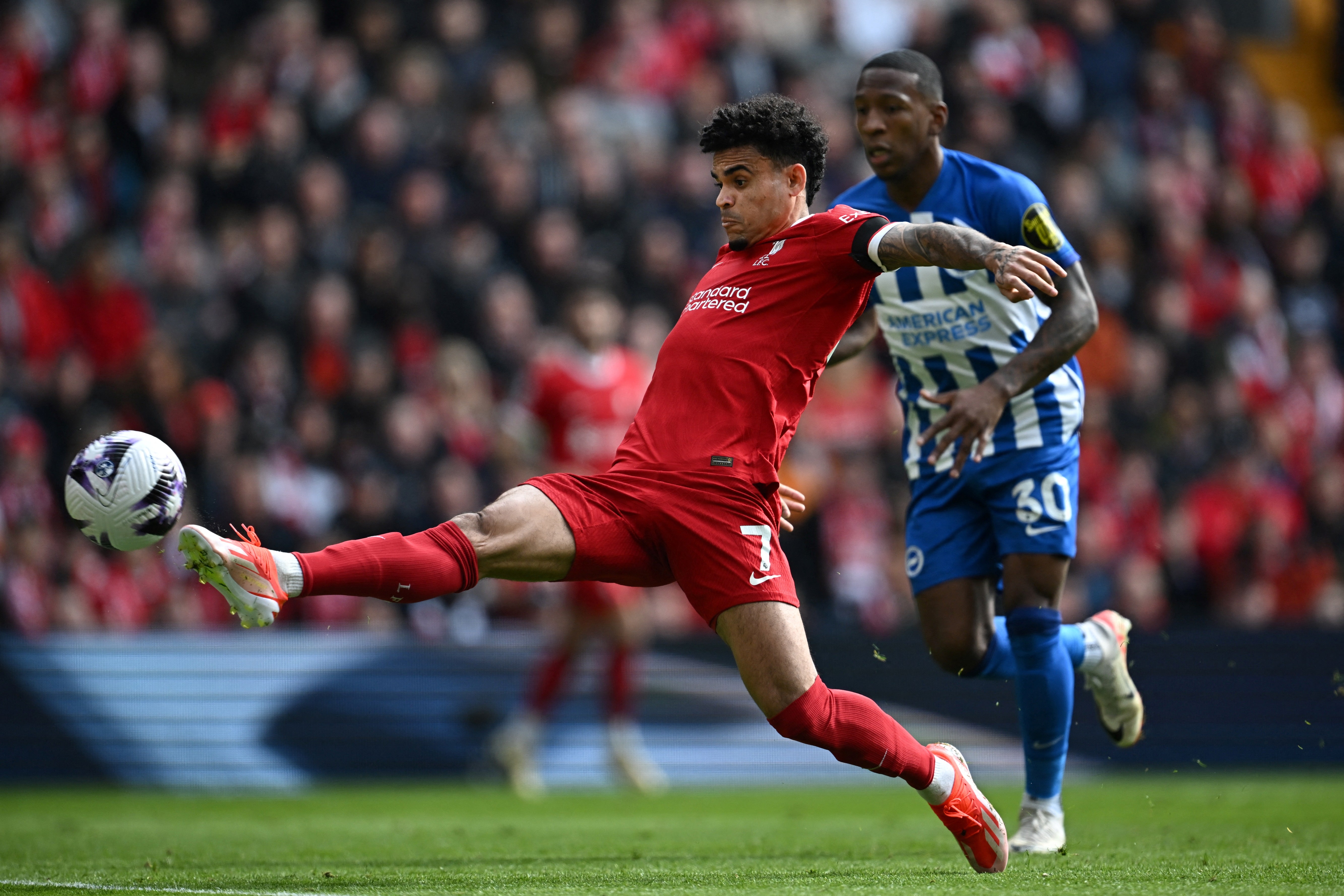 Luis Diaz’s volley equalised for Liverpool during a close match at Anfield