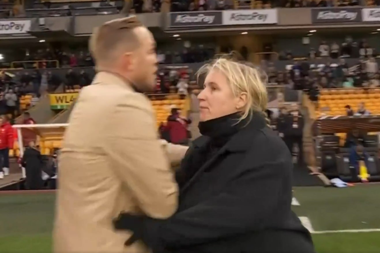 Emma Hayes appeared to push Jonas Eidevall after the final whistle of the Women’s League Cup final between Arsenal and Chelsea at Molineux