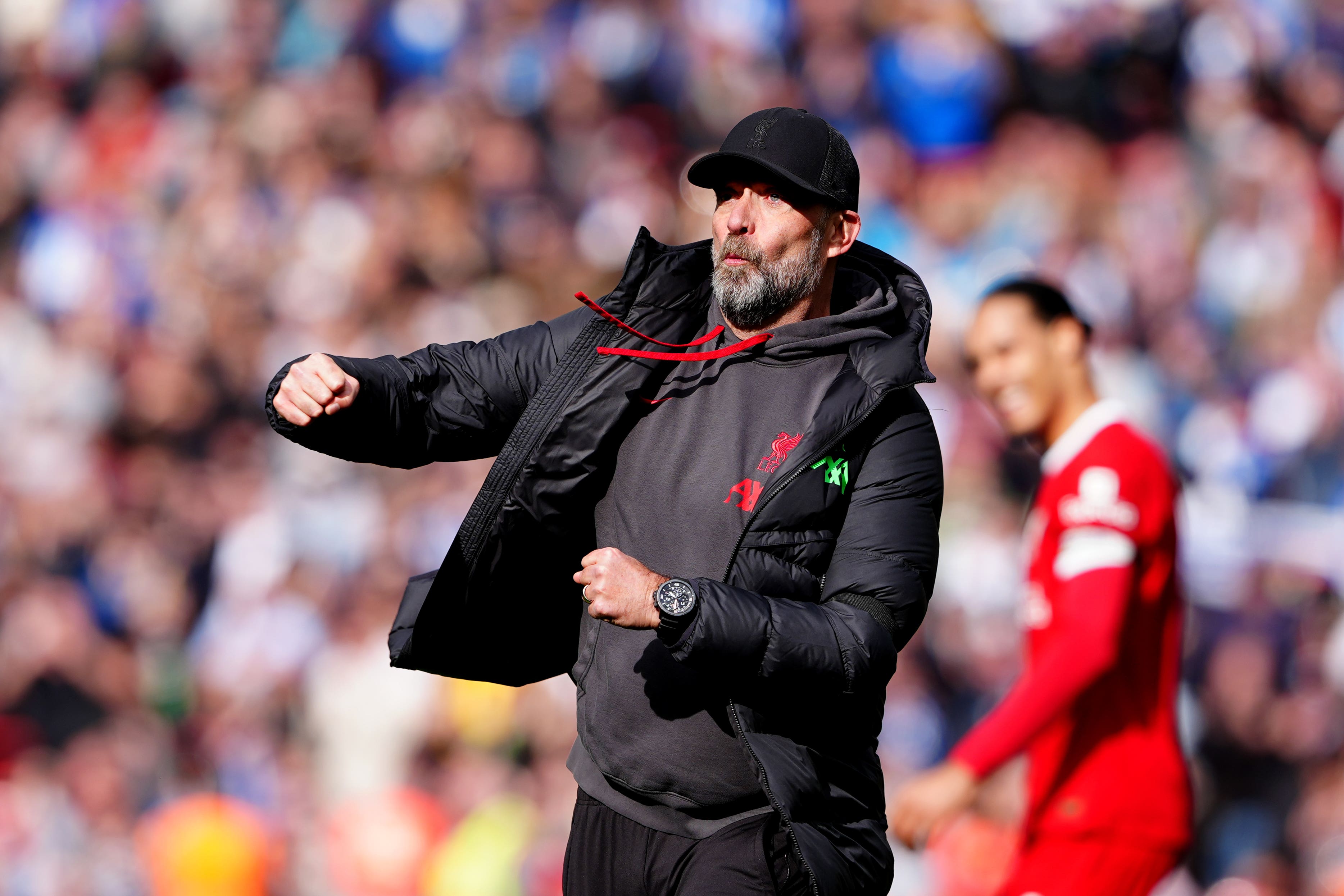 Liverpool manager Jurgen Klopp celebrates his side’s 2-1 win over Brighton which took them top of the Premier League (Peter Byrne/PA)