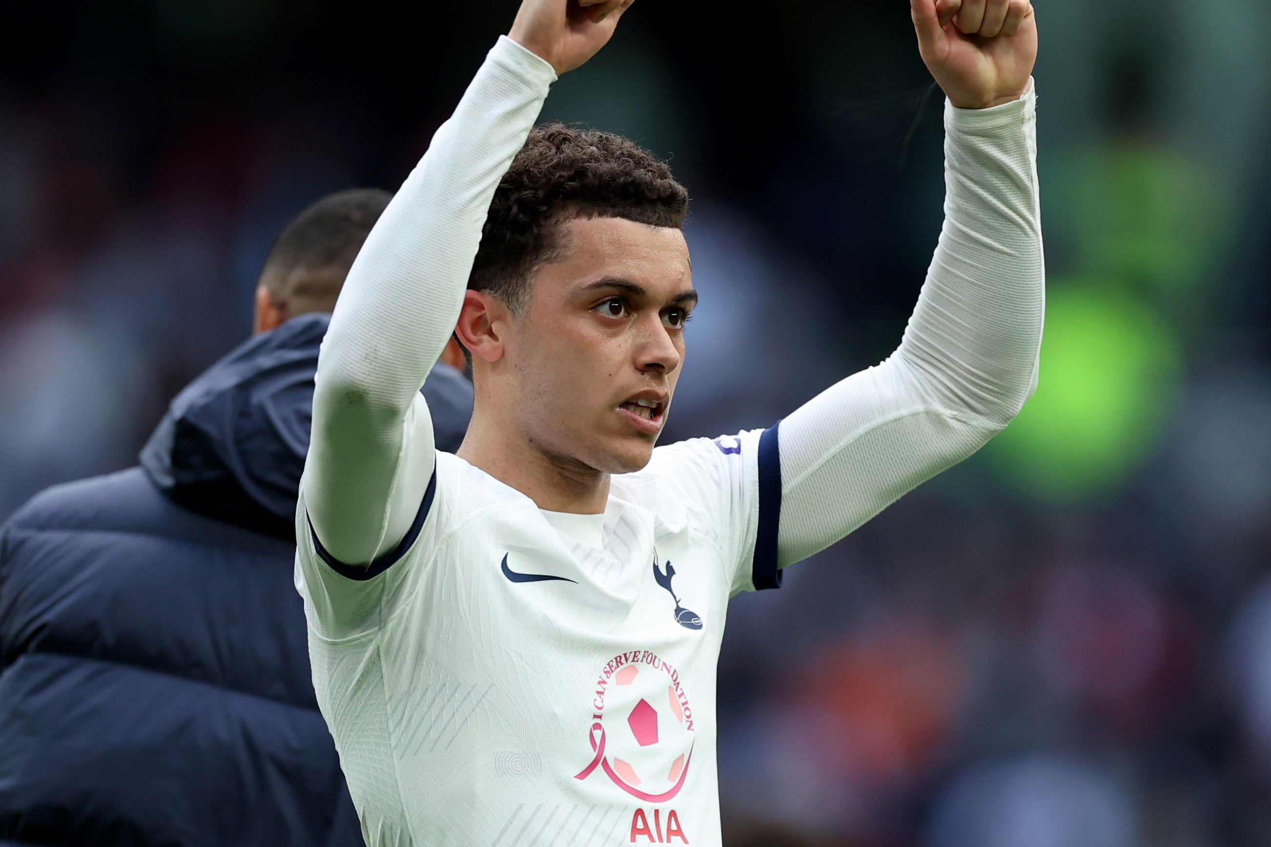 Brennan Johnson celebrates after Tottenham’s win over Luton (Steven Paston/PA)