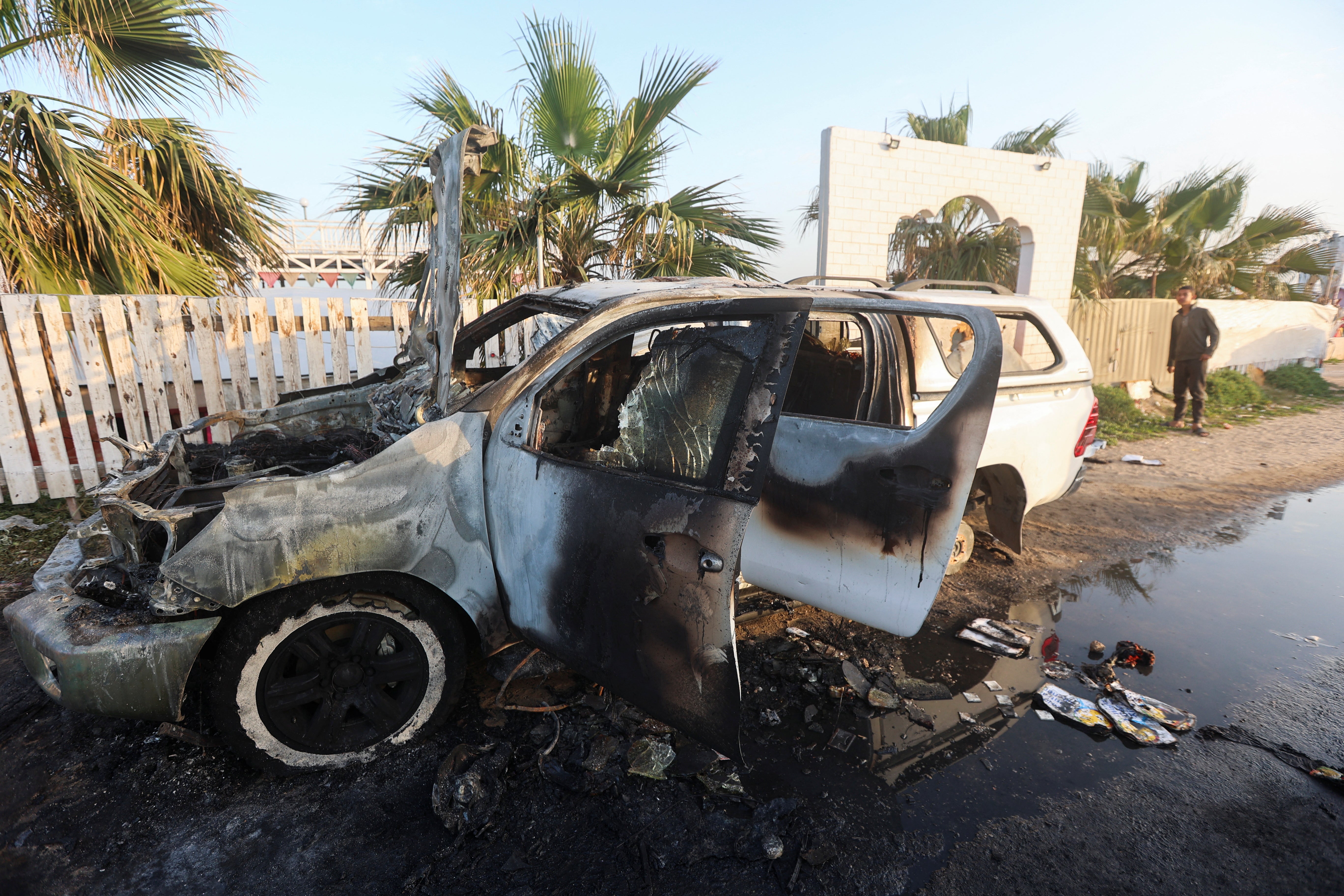 The wreckage of one of the WCK vehicles struck by Israeli military