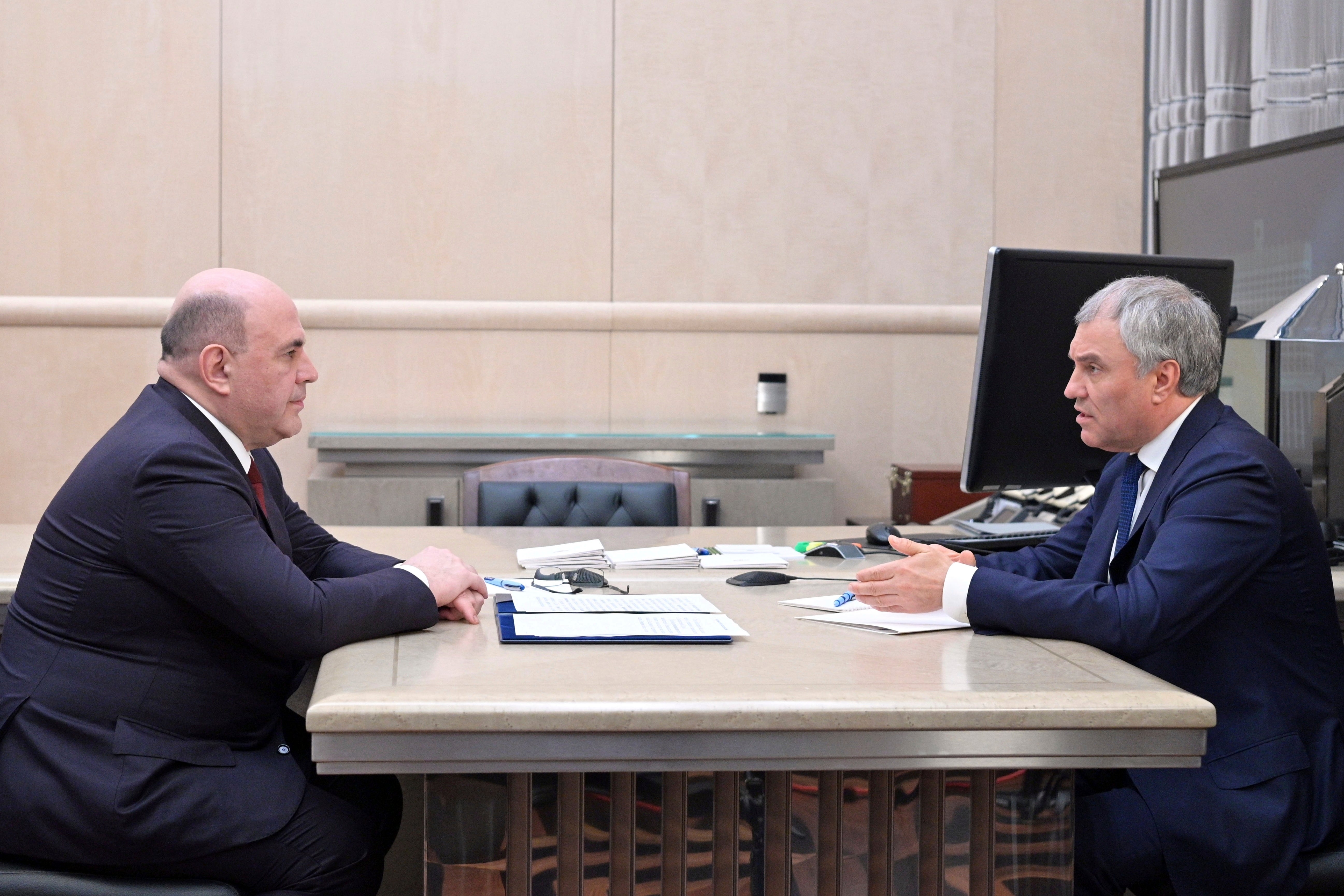 Russian Prime Minister Mikhail Mishustin, left, listens to speaker of the State Duma, the Lower House of the Russian Parliament Vyacheslav Volodin during a meeting in Moscow, Russia, Tuesday, April 2, 2024