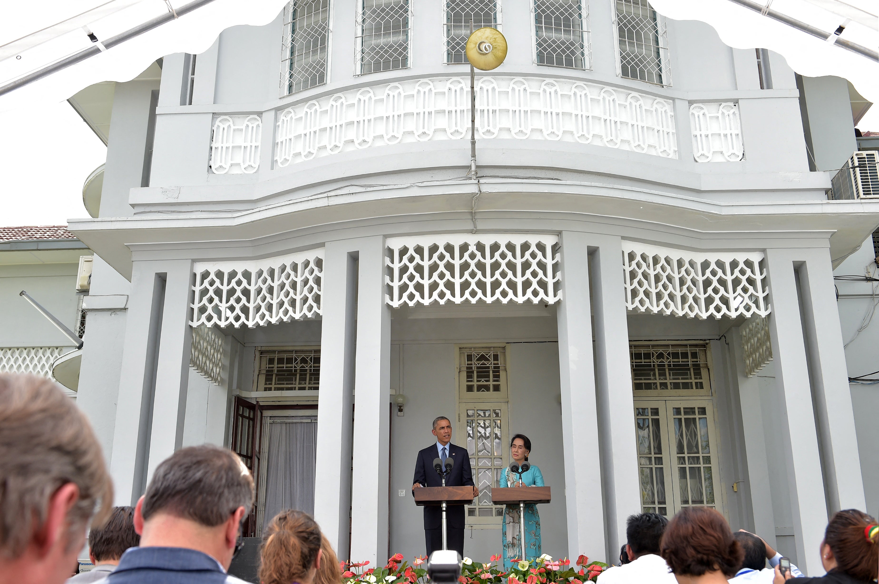 A file picture shows US president Barack Obama and Myanmar's opposition leader Aung San Suu Kyi (R) take part in a press conference at her residence in Yangon on 14 November 2014