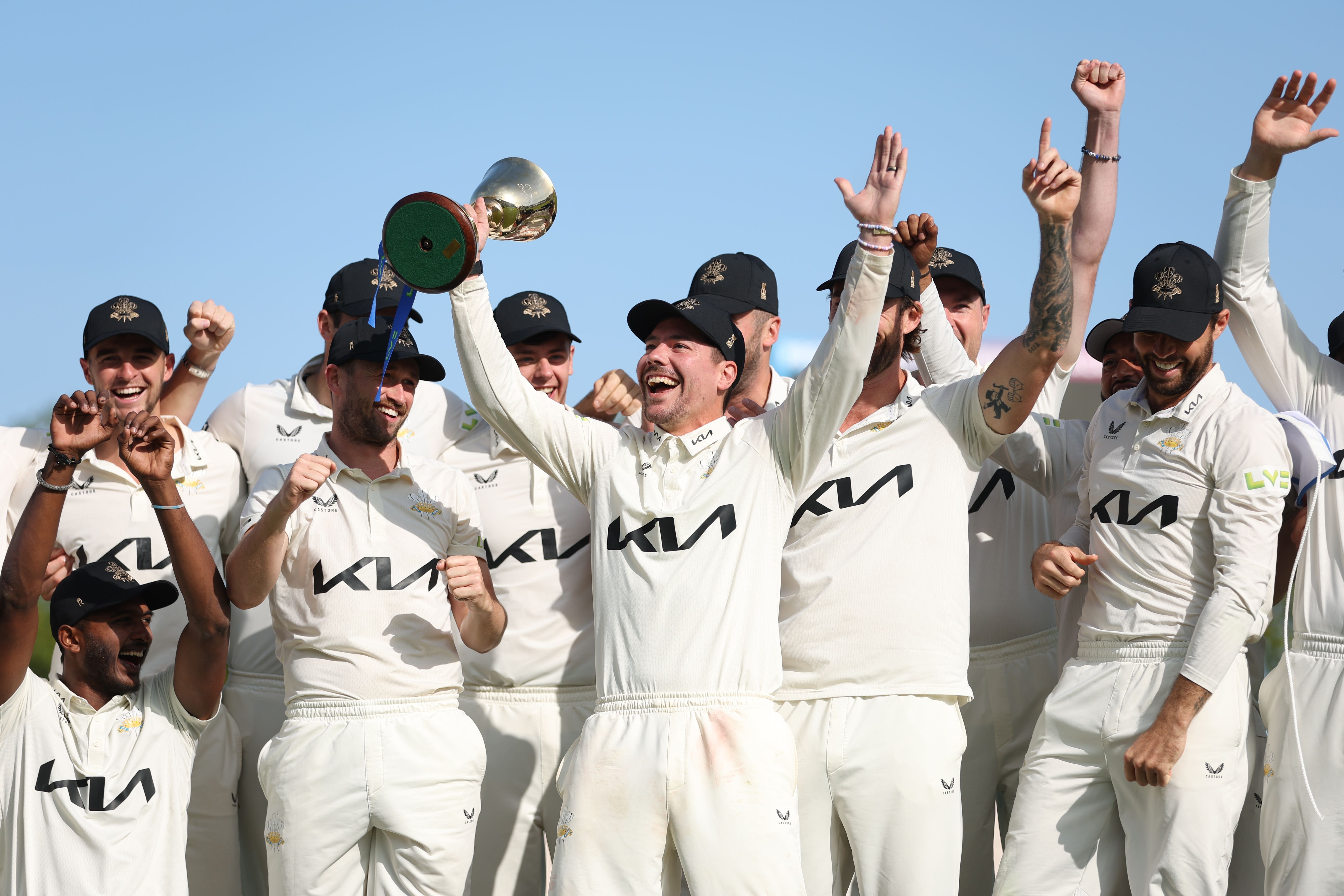 Surrey celebrate winning the 2023 County Championship (Steven Paston/PA)