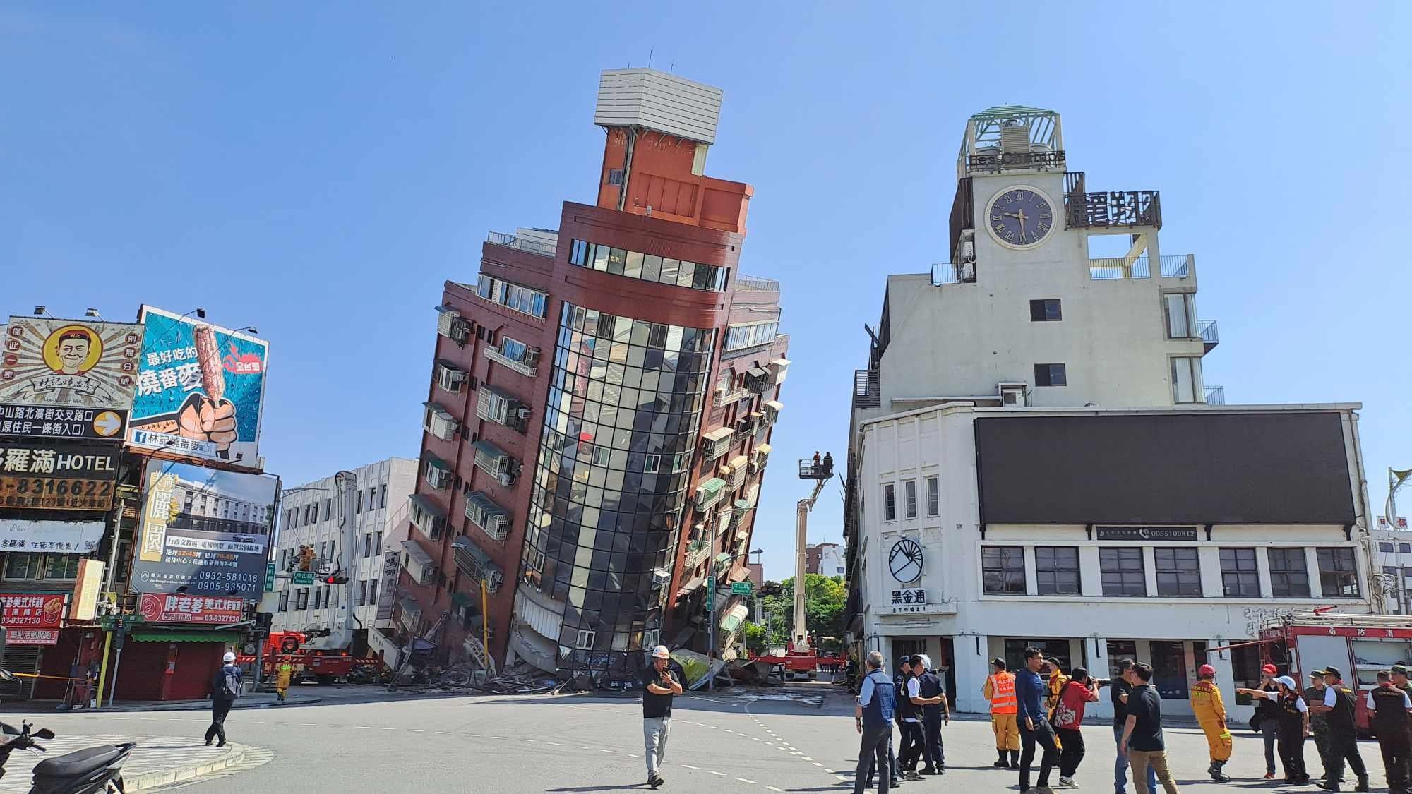 A building is partially collapsed after a powerful 7.2 magnitude earthquake rocked Taiwan