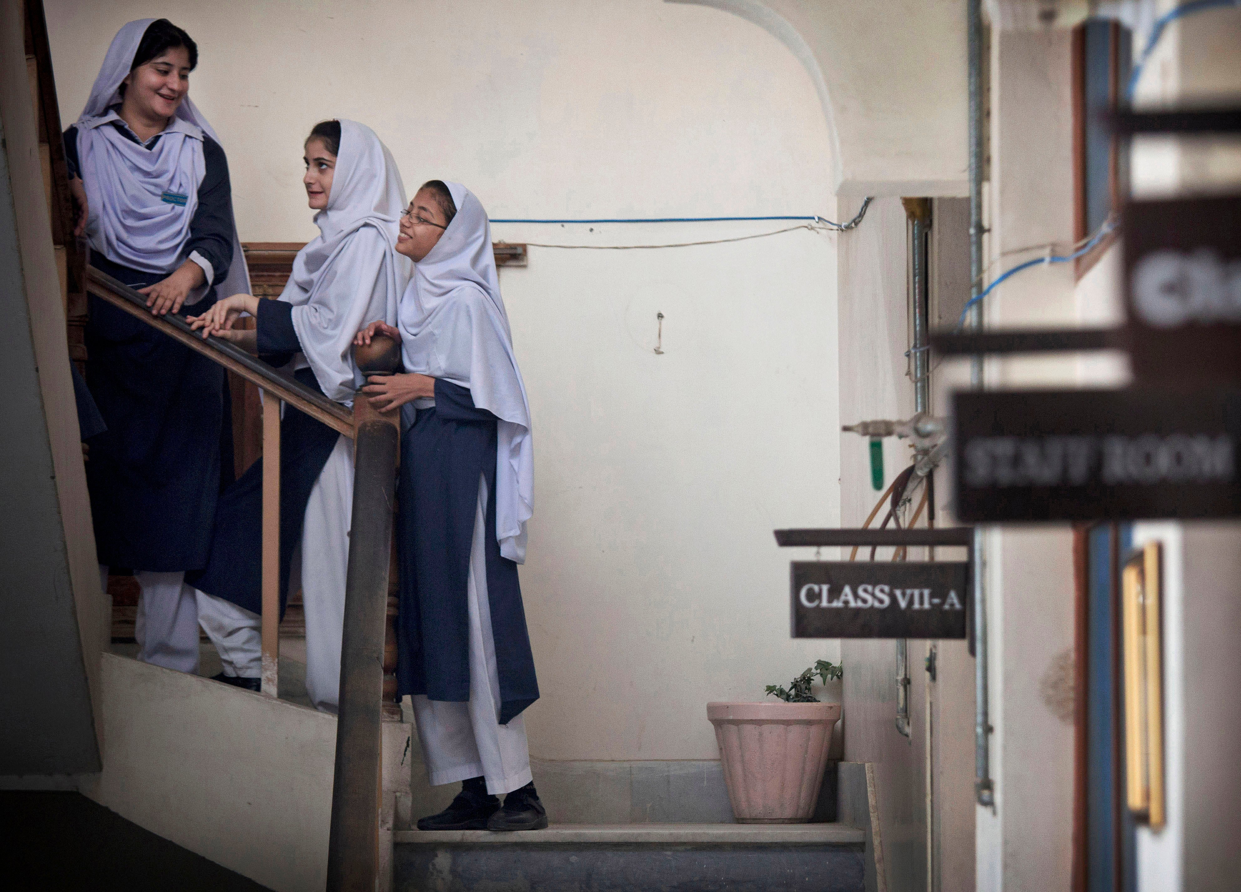 File. Pakistani children get ready for class at Malala Yousufzai's old school in Mingora, Swat Valley, on 5 Oct 2013