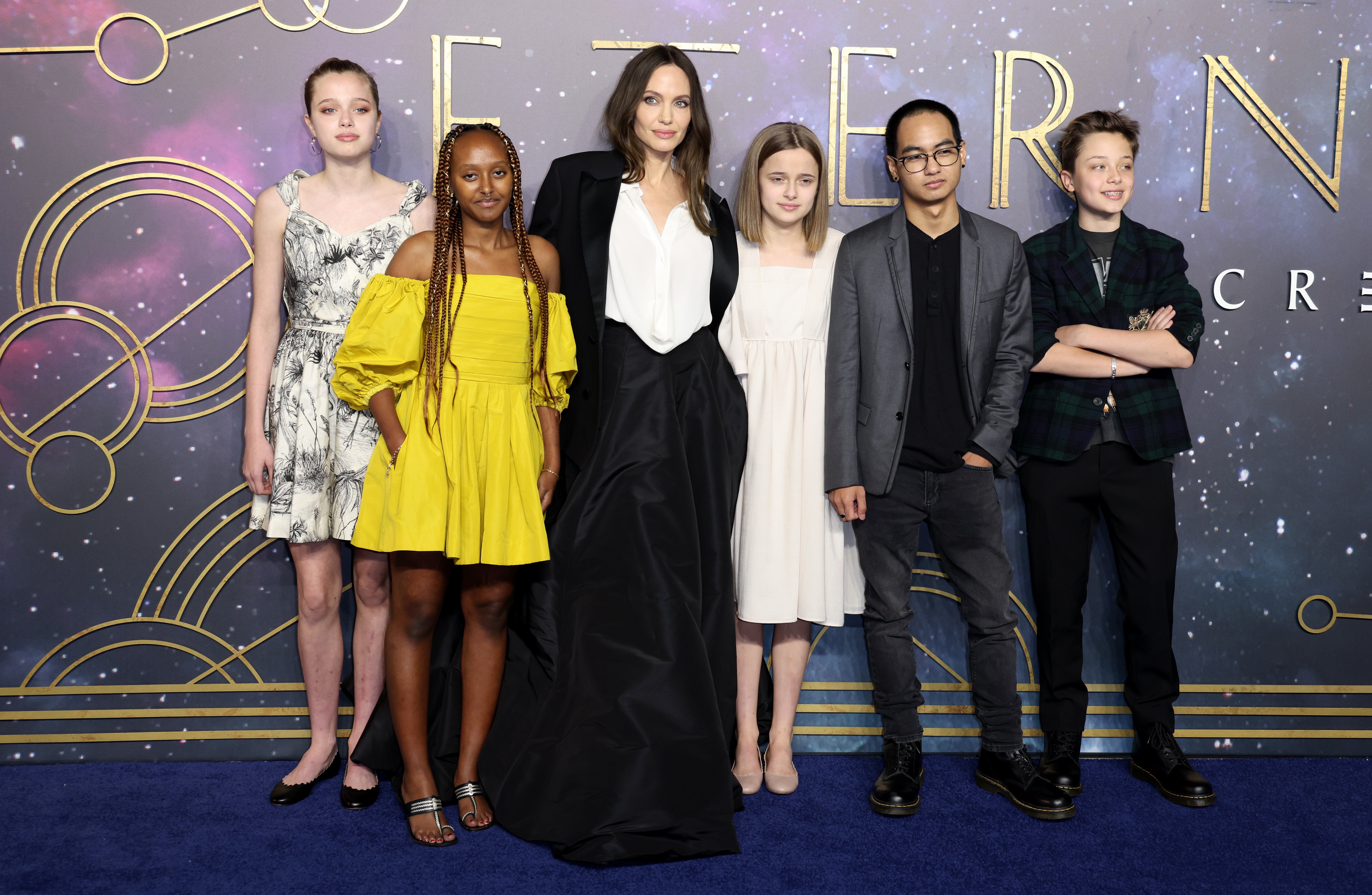 Angelina Jolie, and five of her six children, Shiloh Jolie-Pitt, Zahara Jolie-Pitt, Vivienne Jolie-Pitt, Maddox Jolie-Pitt and Knox Jolie-Pitt, attend a London film premiere in 2021 together.