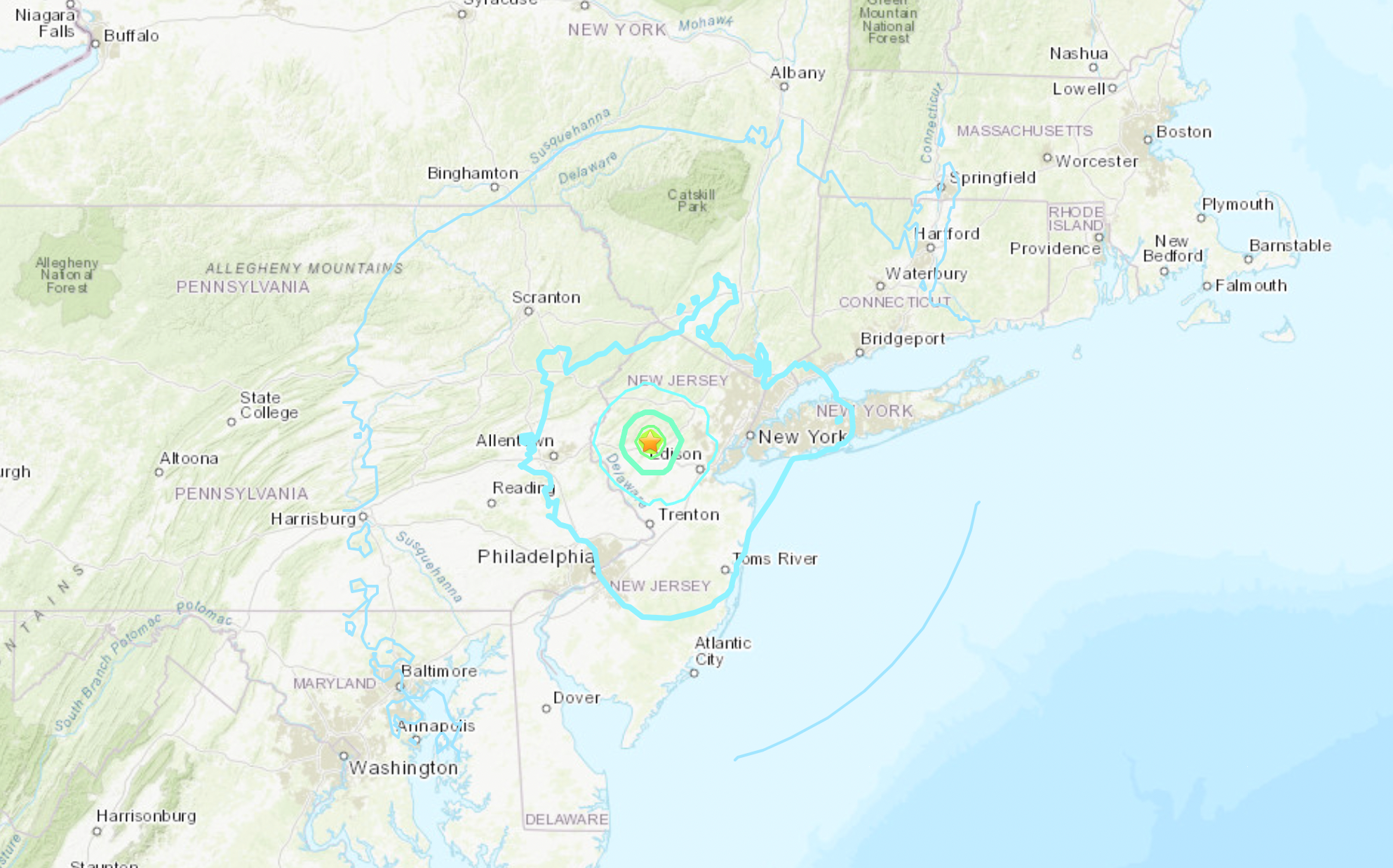 The USGS’ estimated range of impact from the earthquake on Friday morning