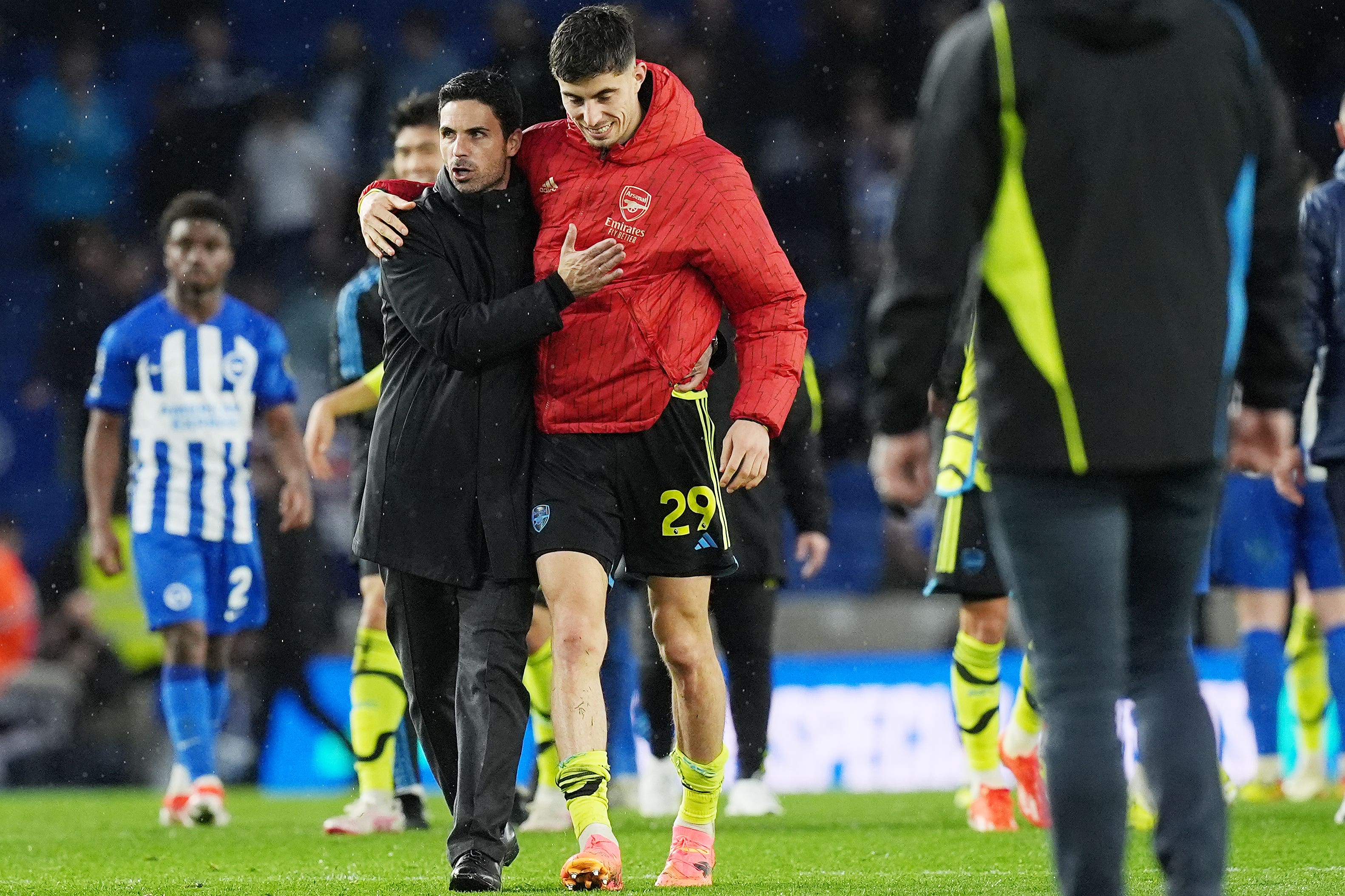 Arsenal manager Mikel Arteta, left, praised the performances of Kai Havertz (Gareth Fuller/PA)