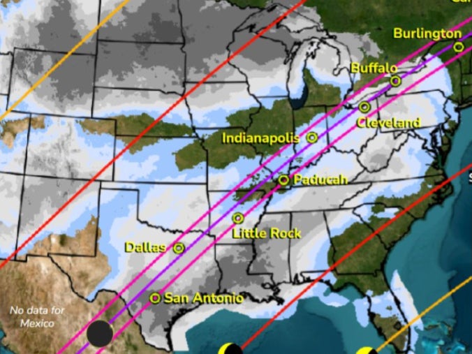 Cloudy outlook: eclipse weather map showing areas of cloud in white, grey and light blue