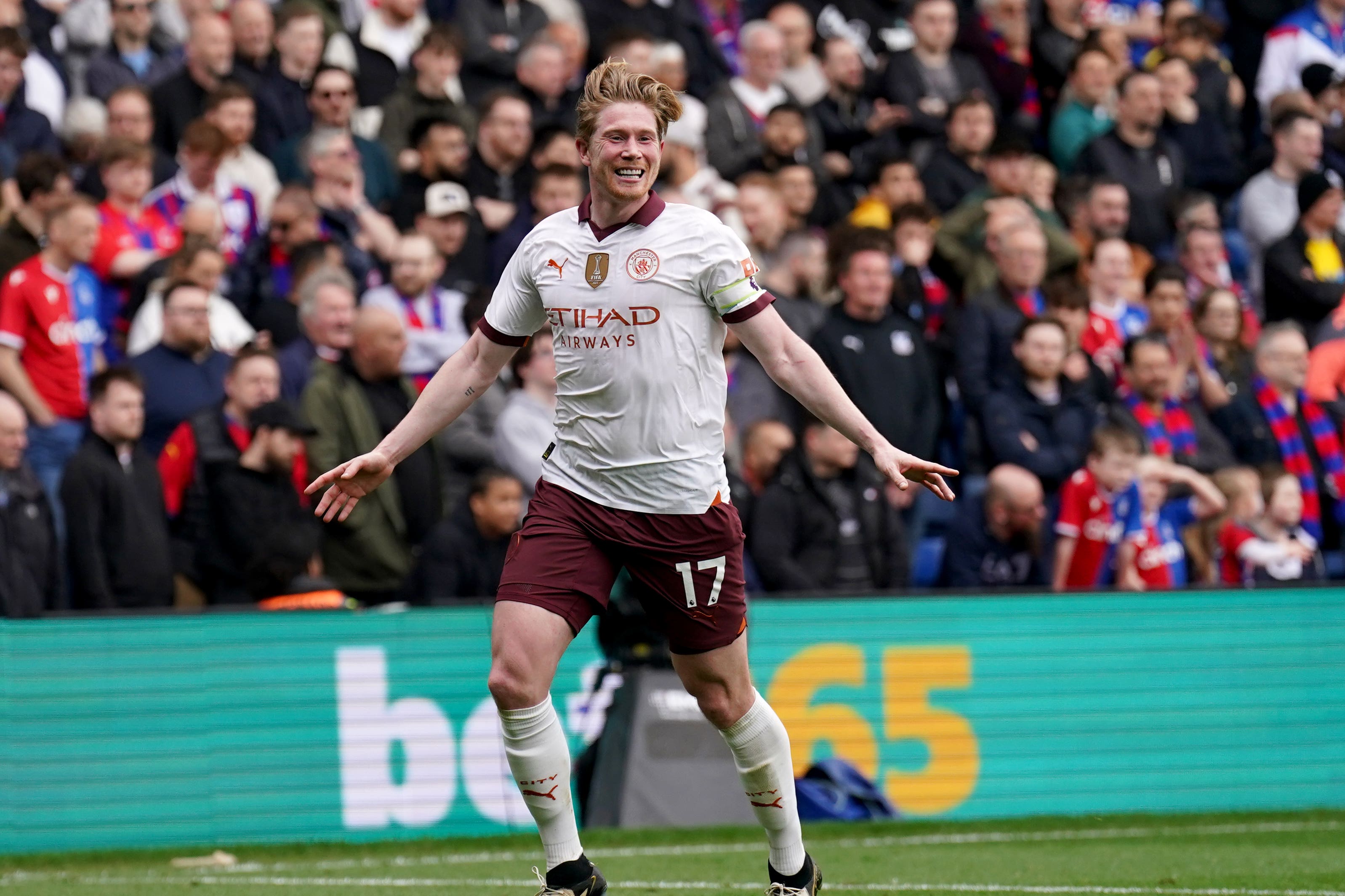 Manchester City’s Kevin De Bruyne celebrates against Crystal Palace (Adam Davy/PA).