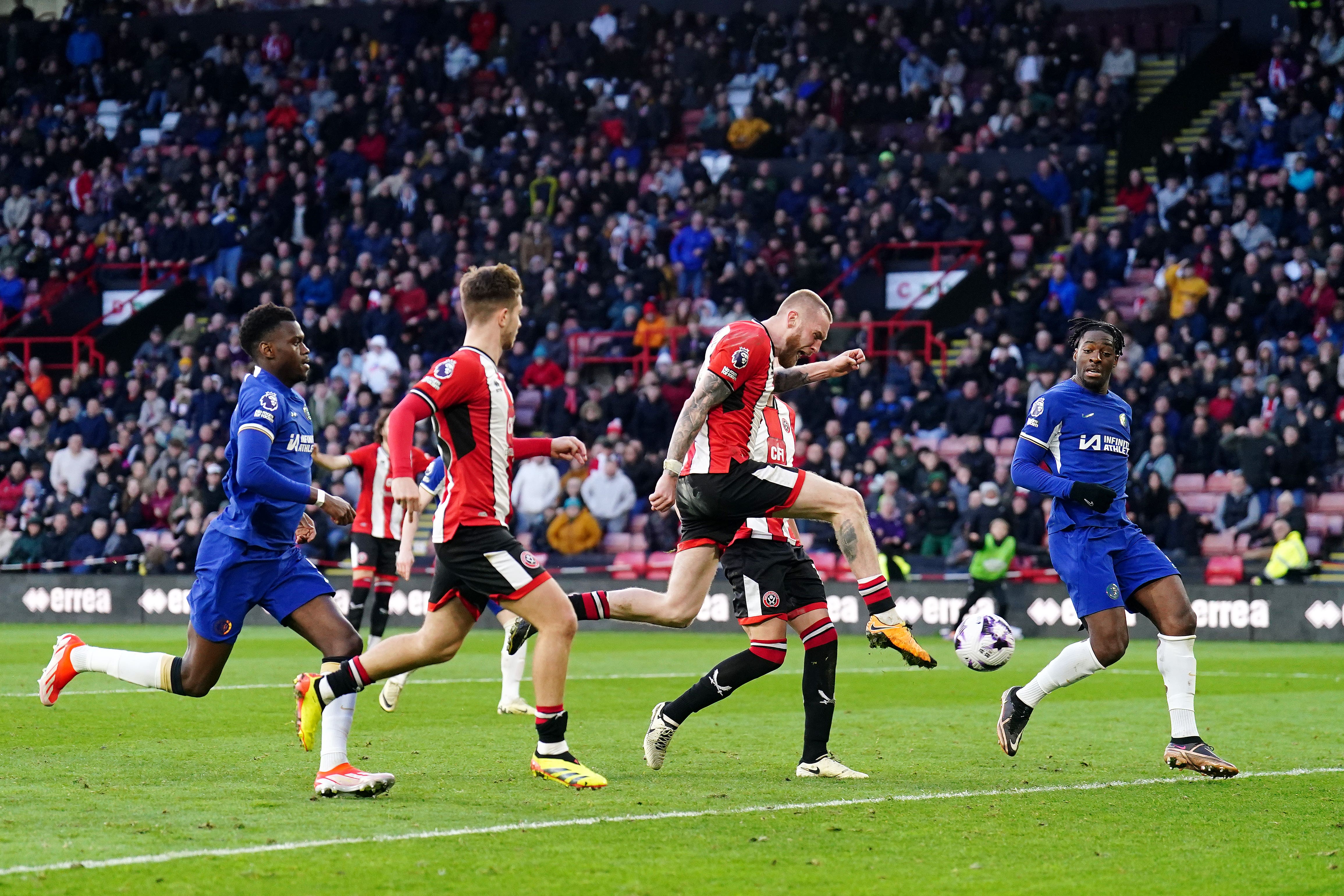 Oli McBurnie (centre) scores Sheffield United’s equaliser (Mike Egerton/PA)