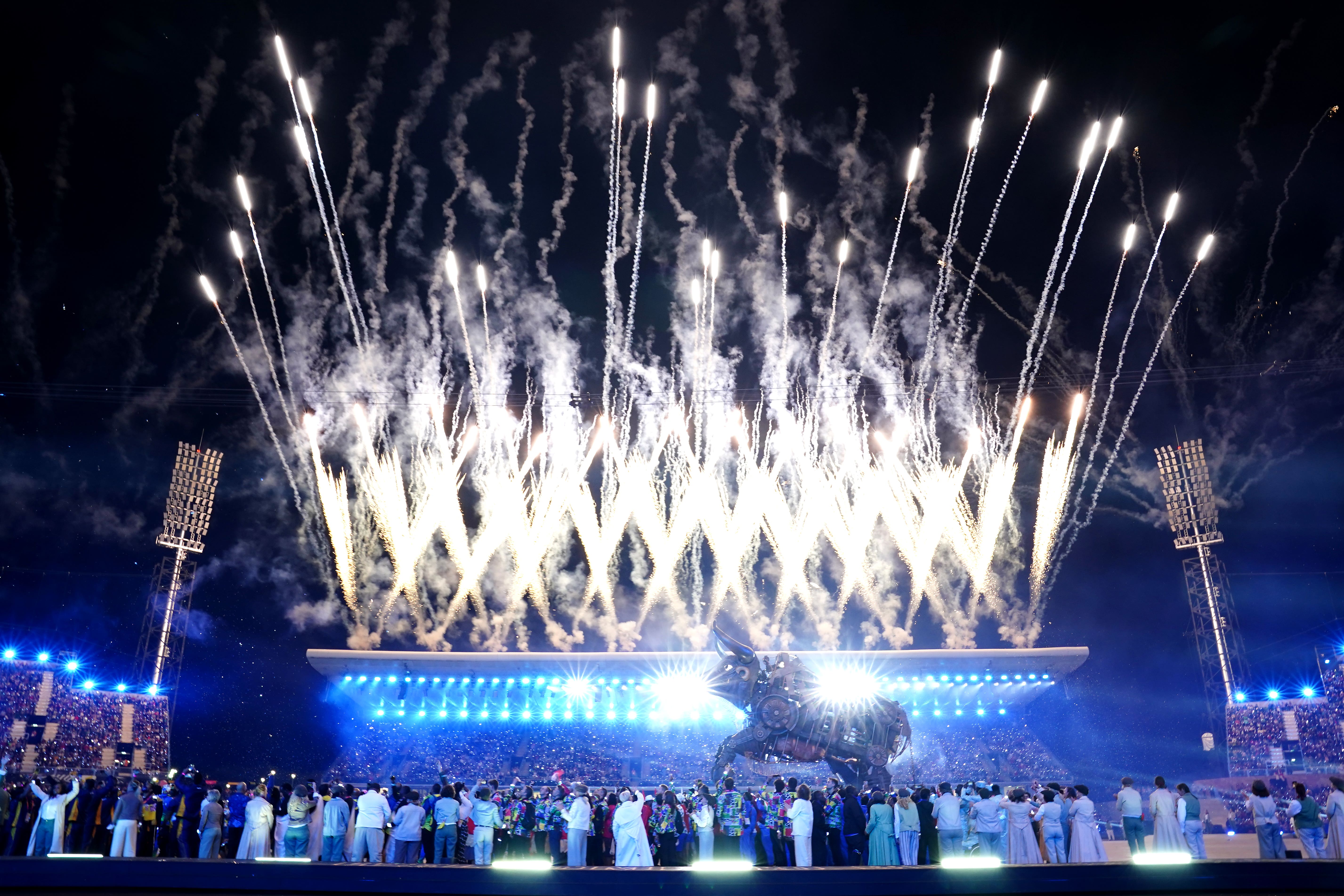 Fireworks are set off with The Raging Bull in the foreground during the opening ceremony of the Birmingham 2022 Commonwealth Games (PA)