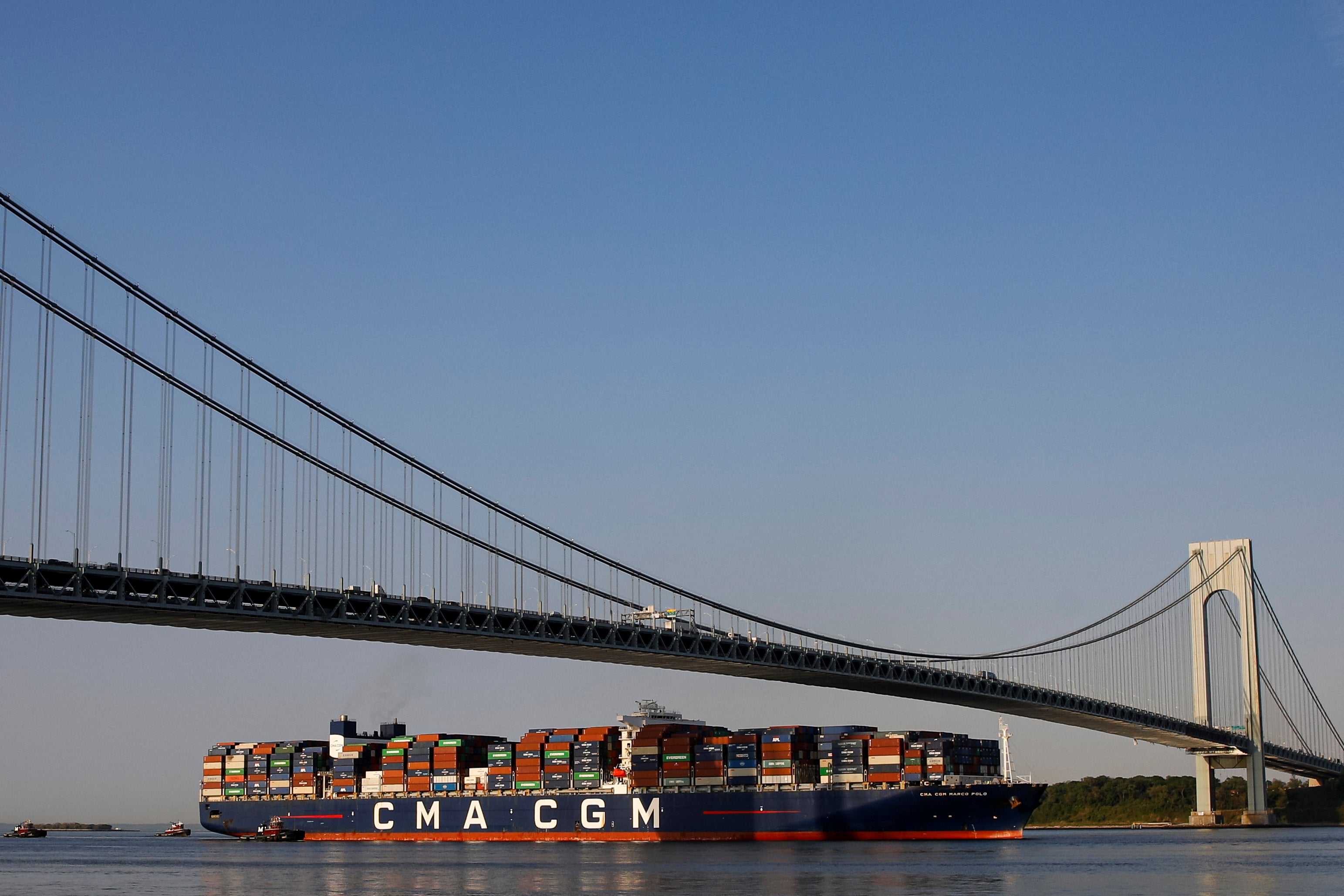 The Verrazzano-Narrows Bridge with a different vessel under it, the CMA CGM Marco Polo, in 2021