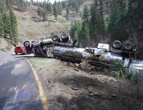 The 53-foot truck rolled onto its roof as it was making its way to the Imnaha River