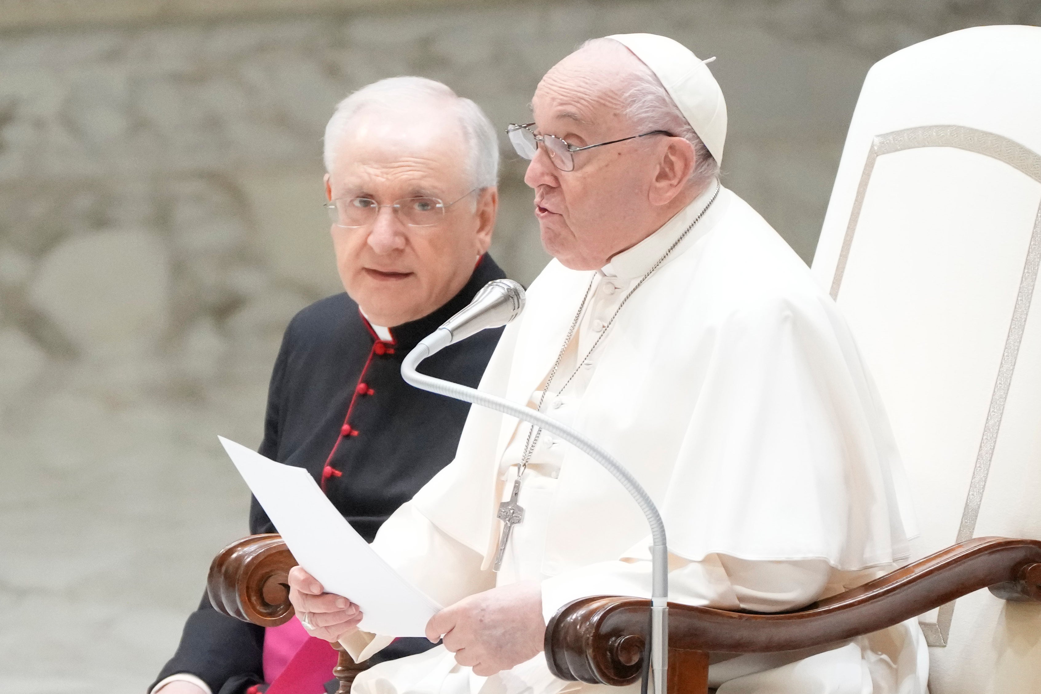 Pope Francis meets with volunteers of the Italian Red Cross in the Paul VI hall at the Vatican, Saturday, April 6