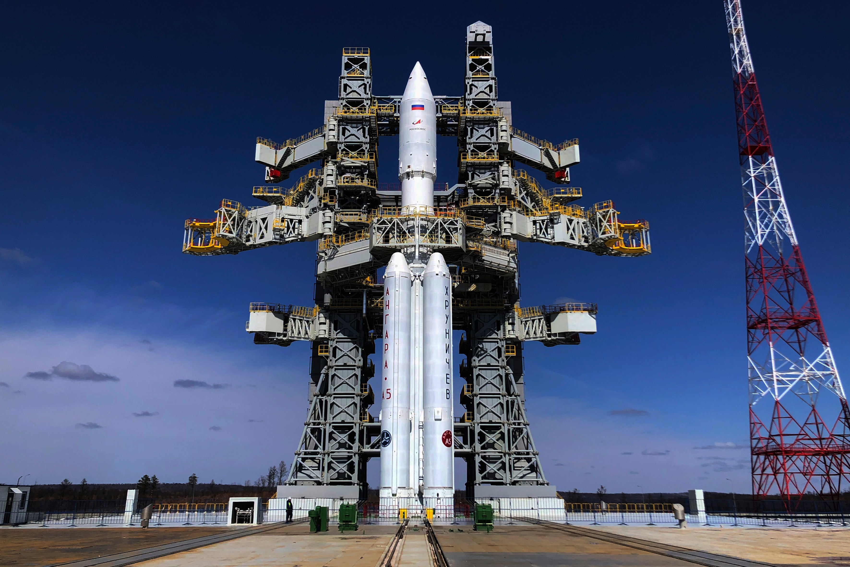 In this photo released by Roscosmos space corporation on Monday, April 8, 2024 an Angara-A5 rocket is seen during preparation for the launch at Vostochny space launch facility