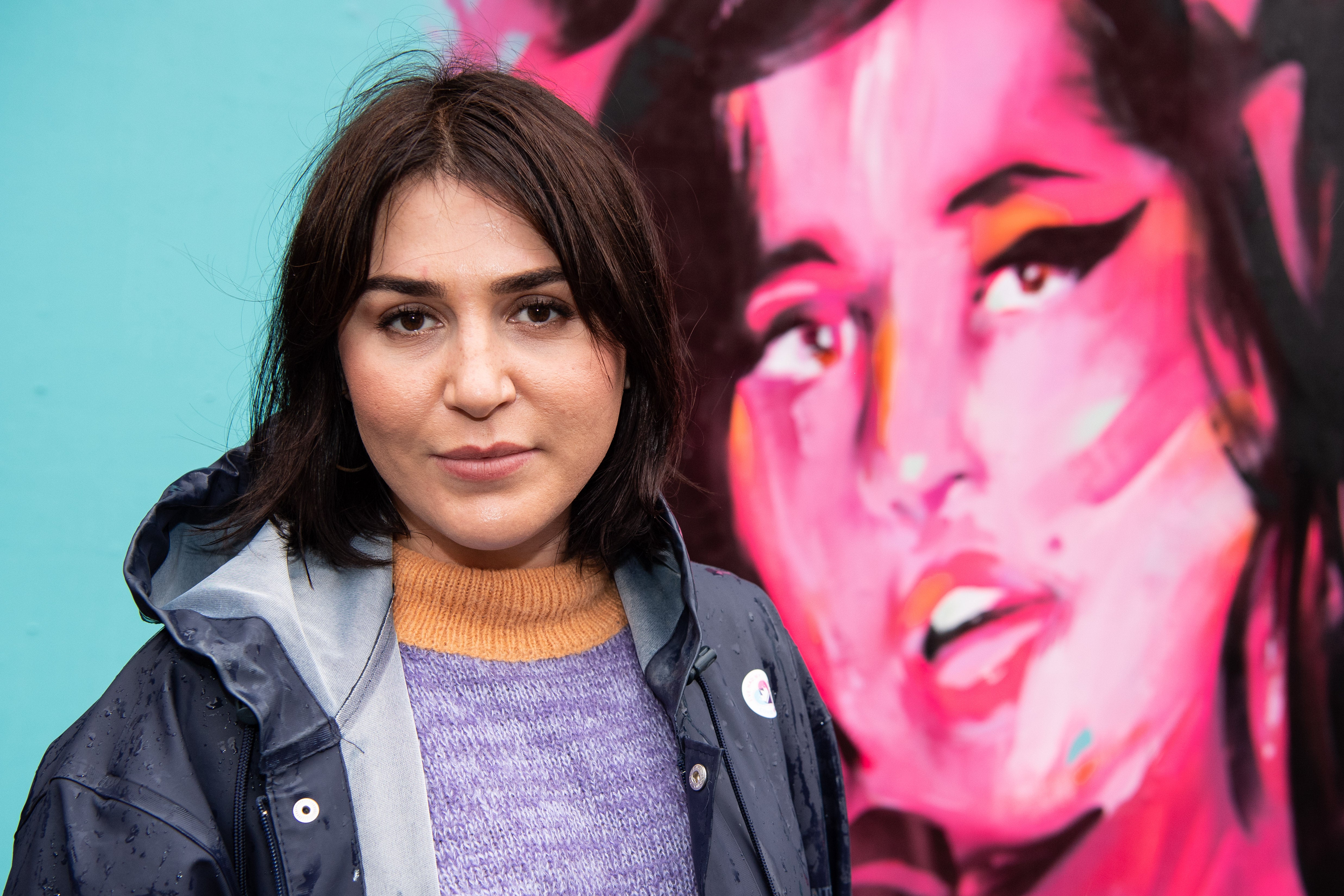 Parry next to a mural to mark the Design Museum’s Amy Winehouse exhibition in 2021