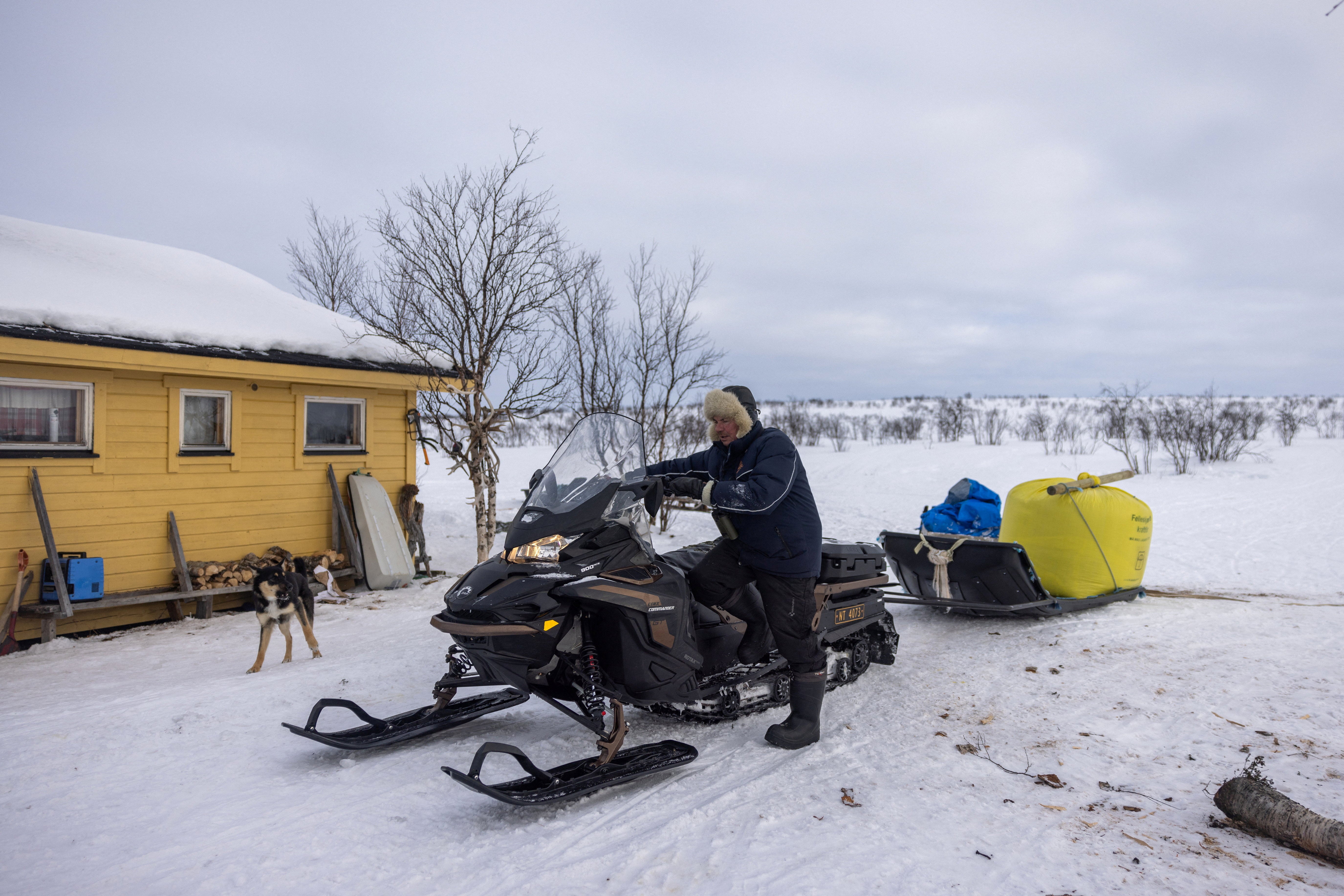 Sami reindeer herder Nils Mathis Sara gets onto his snowmobile, which is dragging a sledge carrying supplementary feed pellets for reindeer, outside his cabin near Geadgebarjavri on the plateau