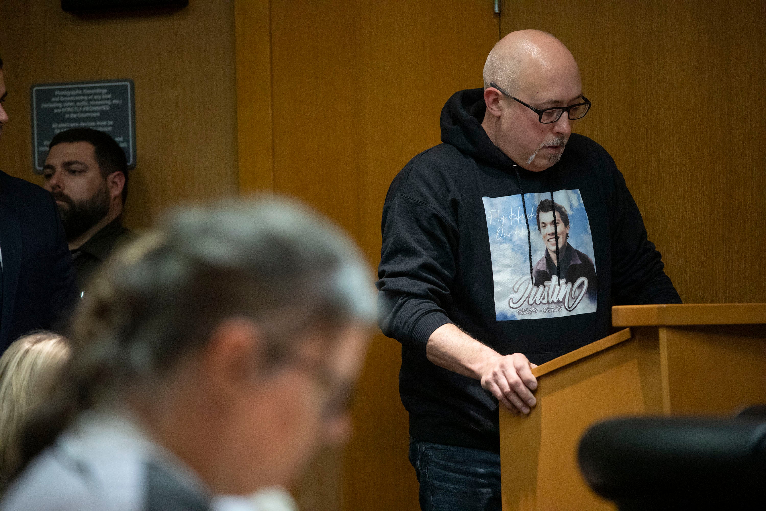 Jennifer Crumbley listens as Craig Shilling, father of Justin Shilling, one of the four Oxford High School students who were shot and killed by mass school shooter Ethan Crumbley, reads a victim impact statement at the sentencing of Jennifer and James Crumbly, the parents of Ethan Crumbley, be sentenced on four counts of involuntary manslaughter on April 9, 2024 at Oakland County Circuit Court in Pontiac, Michigan.