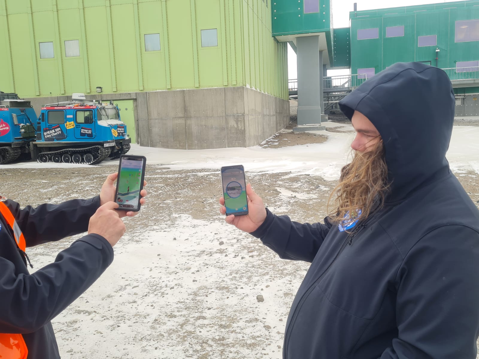Raimon and Pete use the Pokestop at their Antarctic station