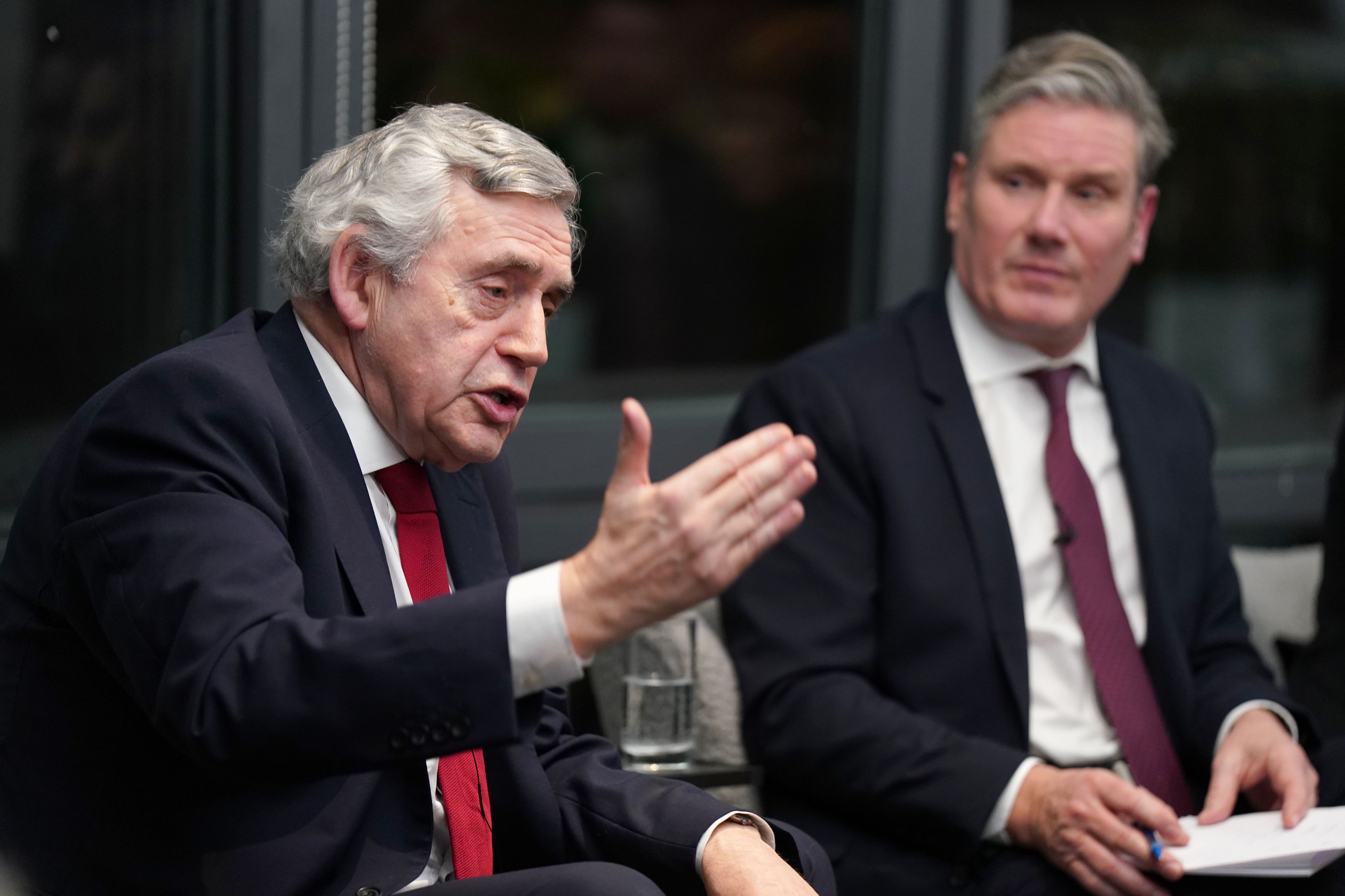 Former prime minister Gordon Brown (left) and Labour Party leader Sir Keir Starmer during the launch of the party’s report on its commission on the UK’s future on December 5 2022 (Jane Barlow/PA)