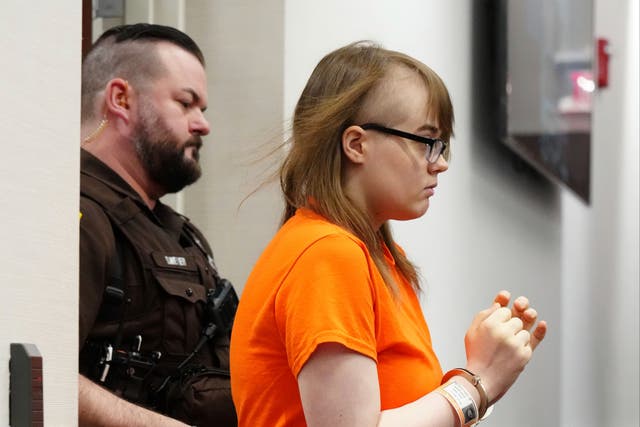 <p>Morgan Geyser is brought into Waukesha County Circuit Court for a motion hearing on Wednesday, April 10, 2024</p>