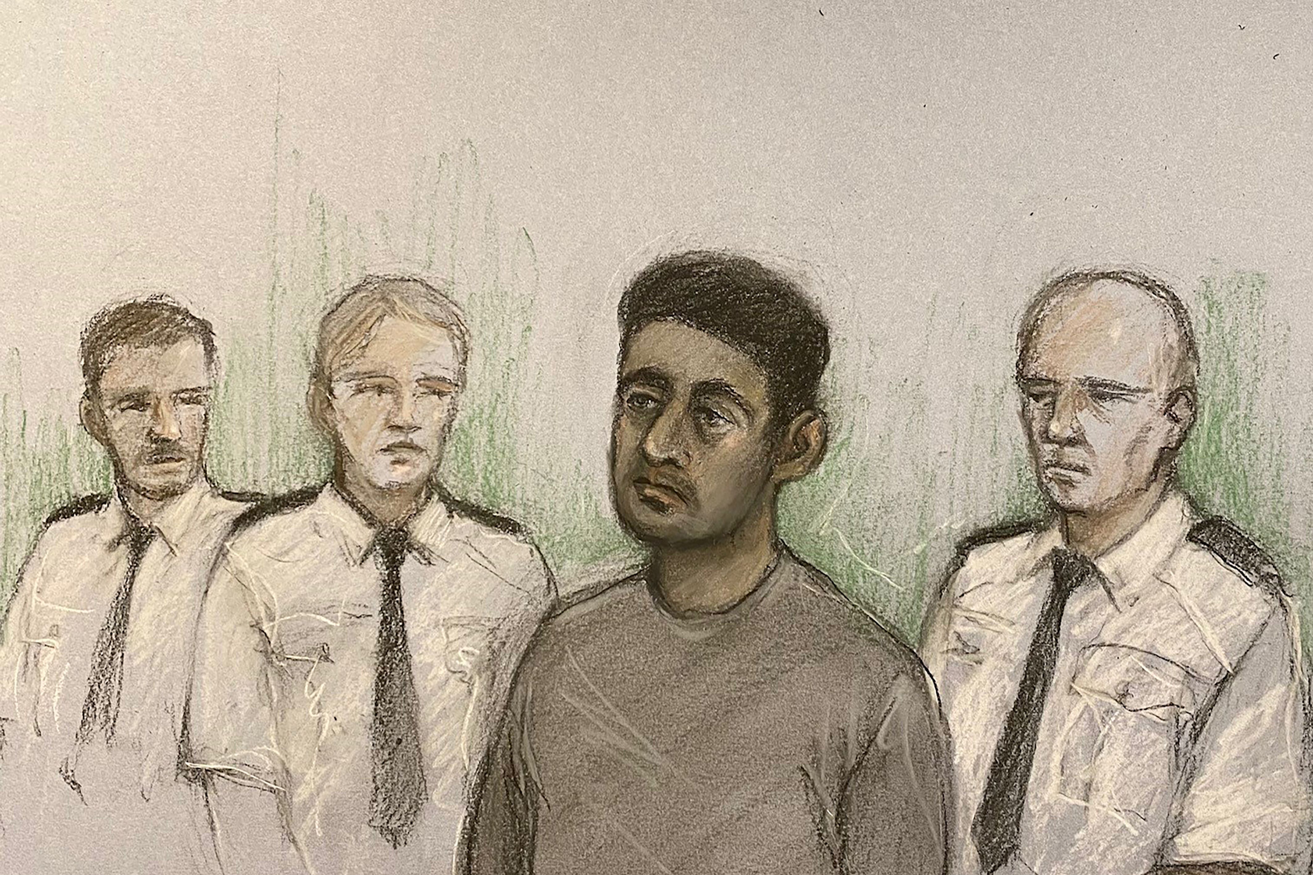 Court artist drawing by Elizabeth Cook of Habibur Masum (Elizabeth Cook/PA)