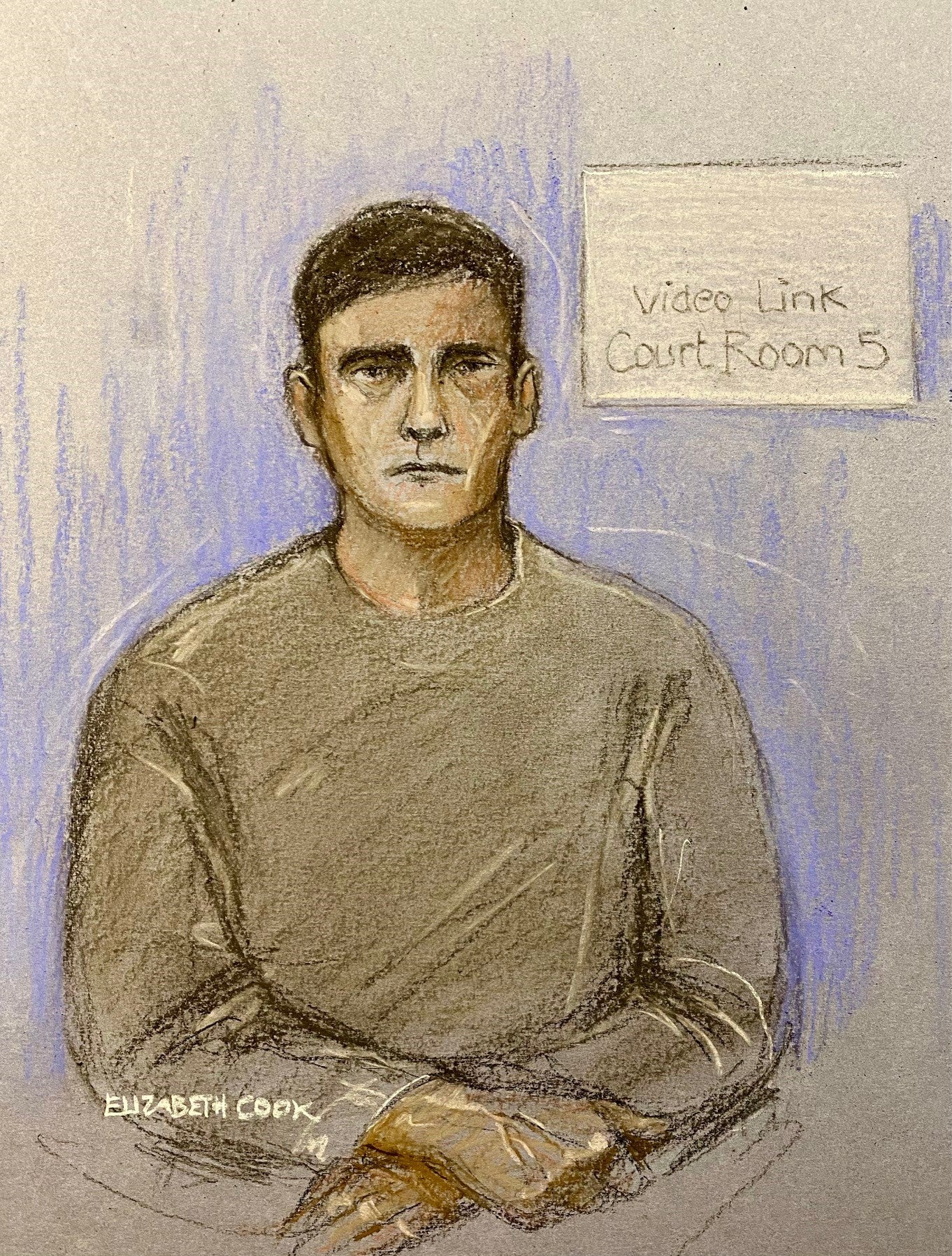 Court artist sketch by of Steve Samson appearing video link at Old Bailey