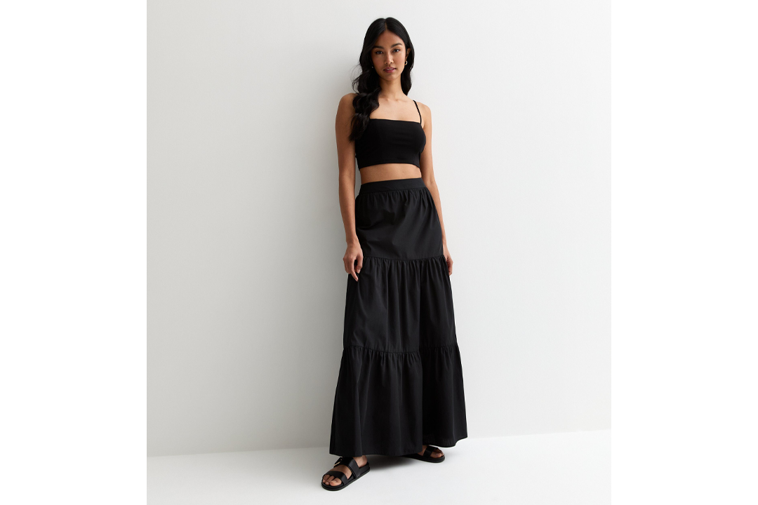 New Look black poplin tiered maxi skirt