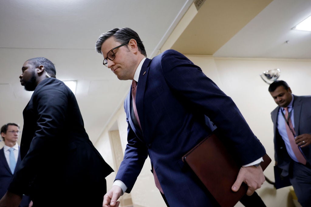 Speaker Mike Johnson attends the House Republican conference meeting on Wednesday, 10 April