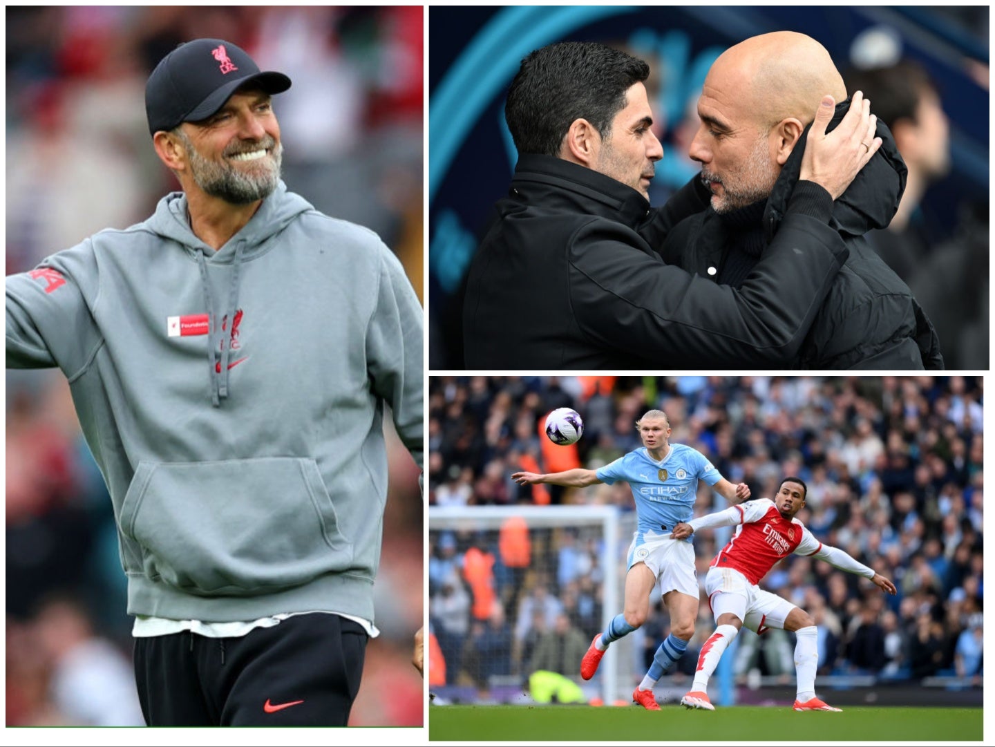 Jurgen Klopp (left), Mikel Arteta (centre) and Pep Guardiola are contenders in the Premier League’s most thrilling season yet