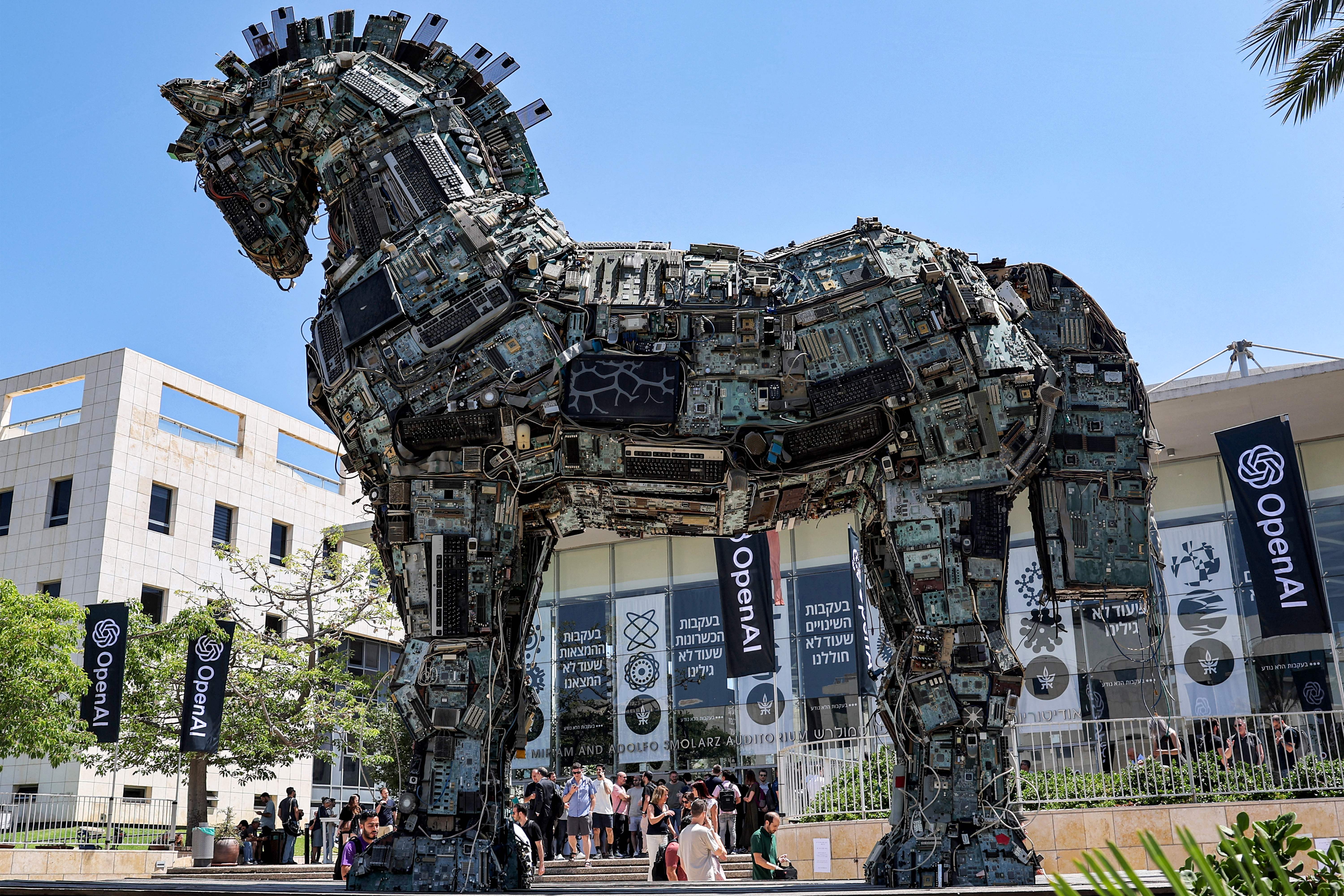 The legendary "Trojan horse" built entirely out of microelectronic circuit boards and other computer components, outside at the campus of Tel Aviv University in Tel Aviv