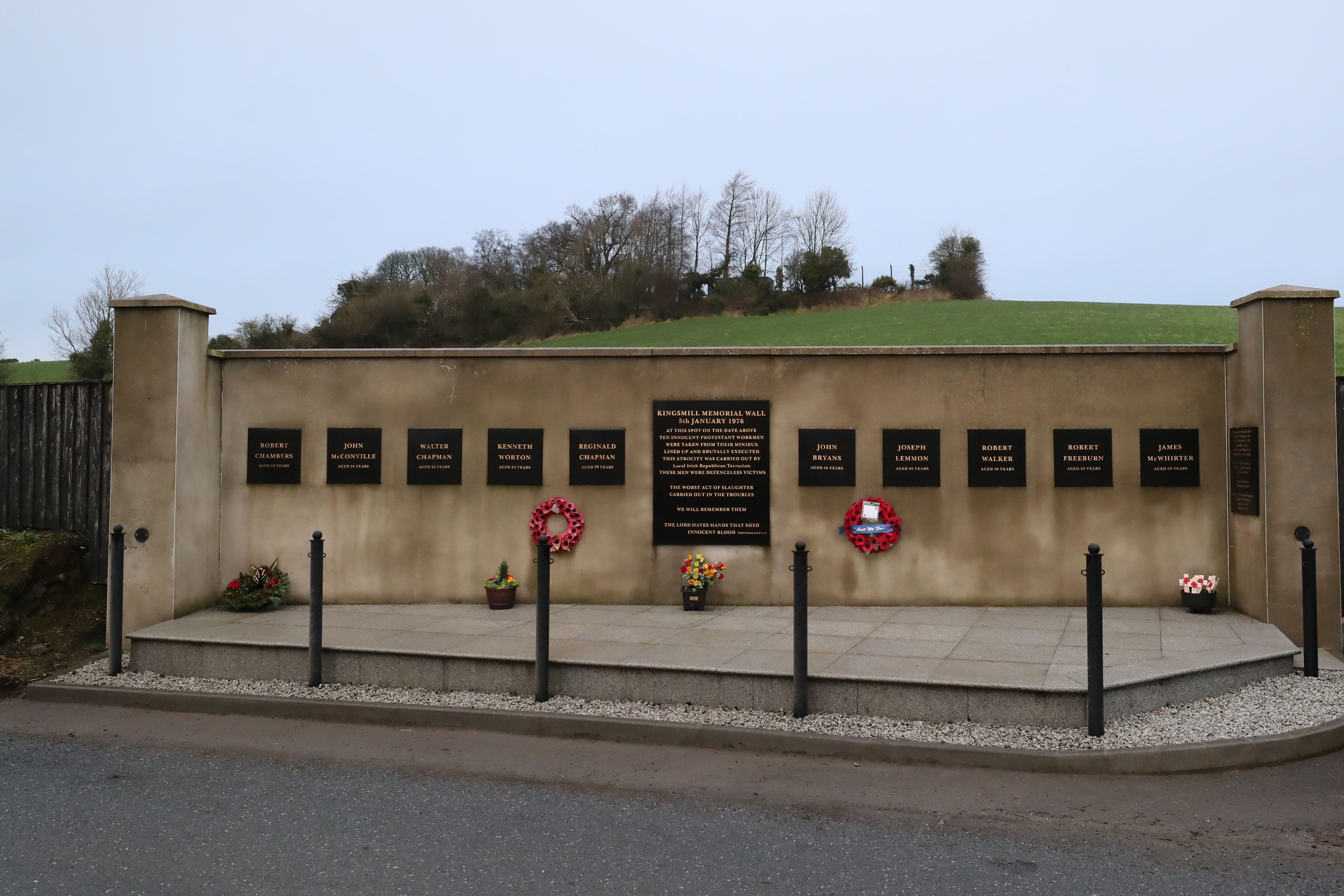 The Kingsmill memorial wall at the scene of the atrocity in Co Armagh (Niall Carson/PA)