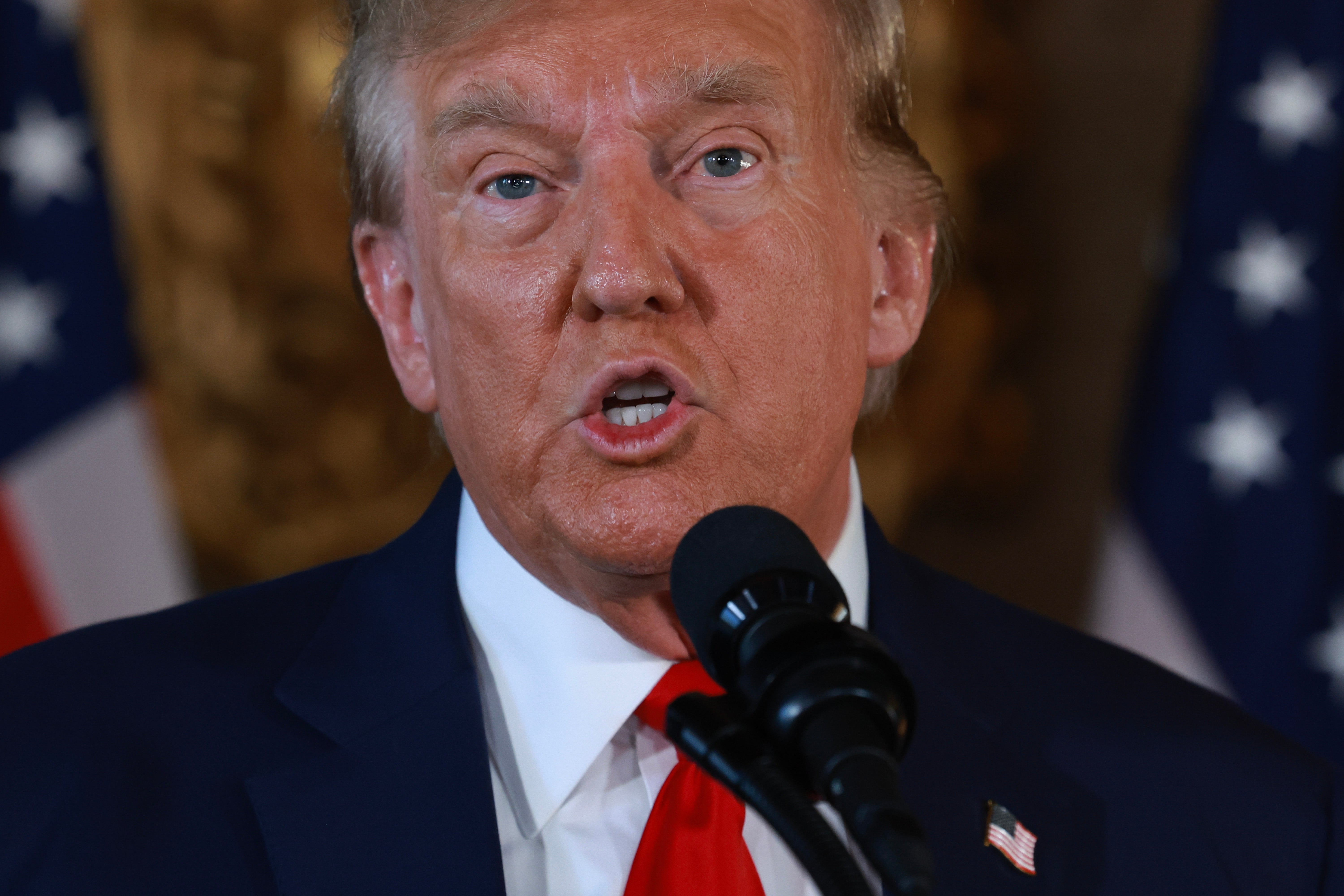 Donald Trump speaks to reporters at Mar-a-Lago on 12 April.