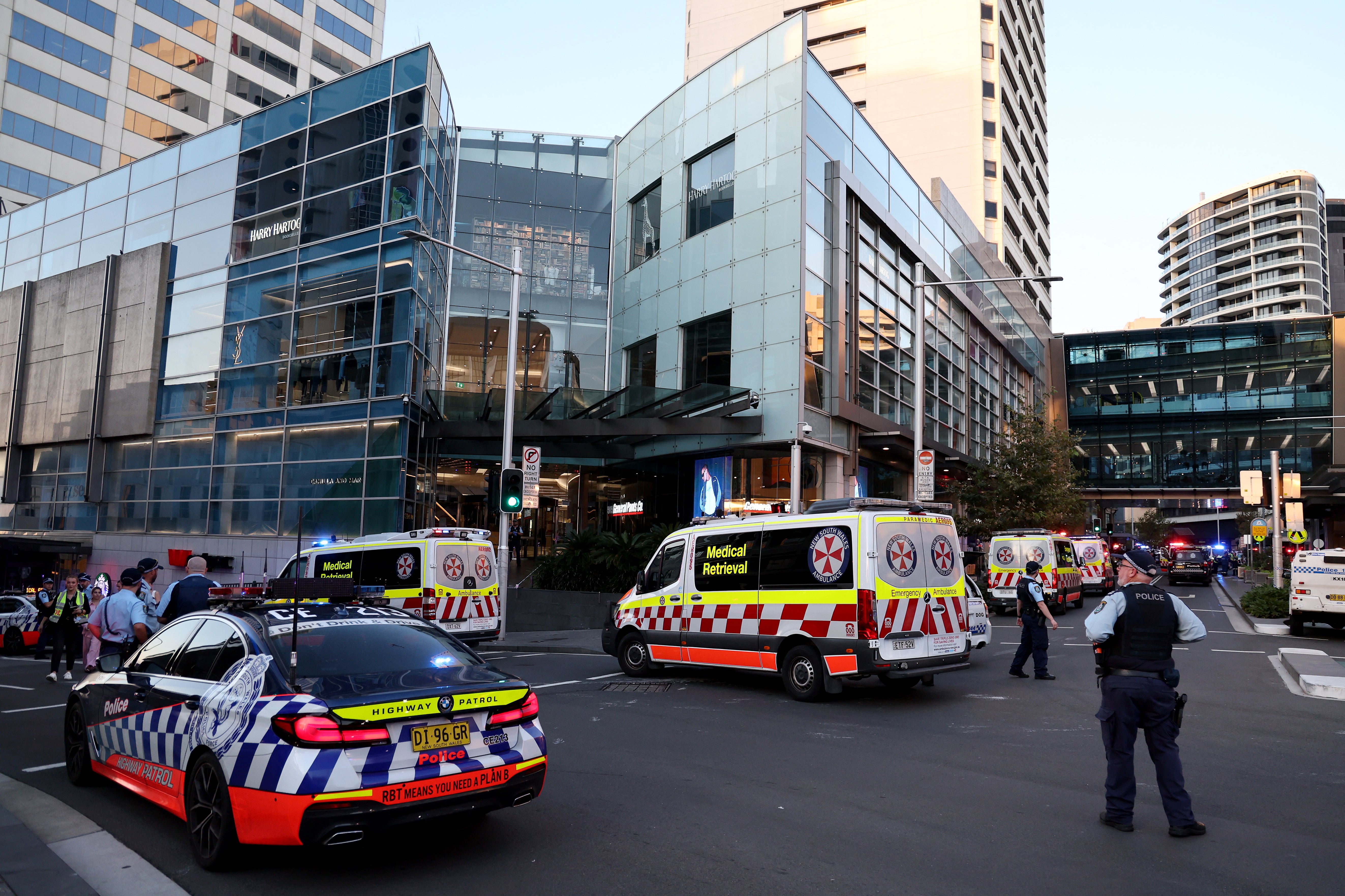 Police cordon off the Westfield Bondi Junction shopping mall after a stabbing incident in Sydney on 13 April 2024