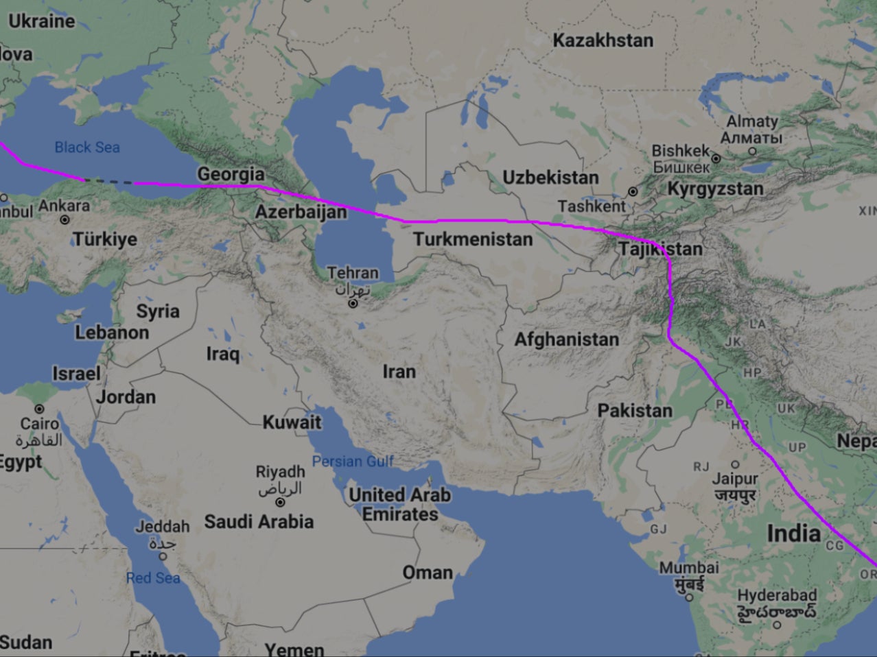 Long and winding: Path of Qantas flight QF9 from Perth to London Heathrow on 11-12 April