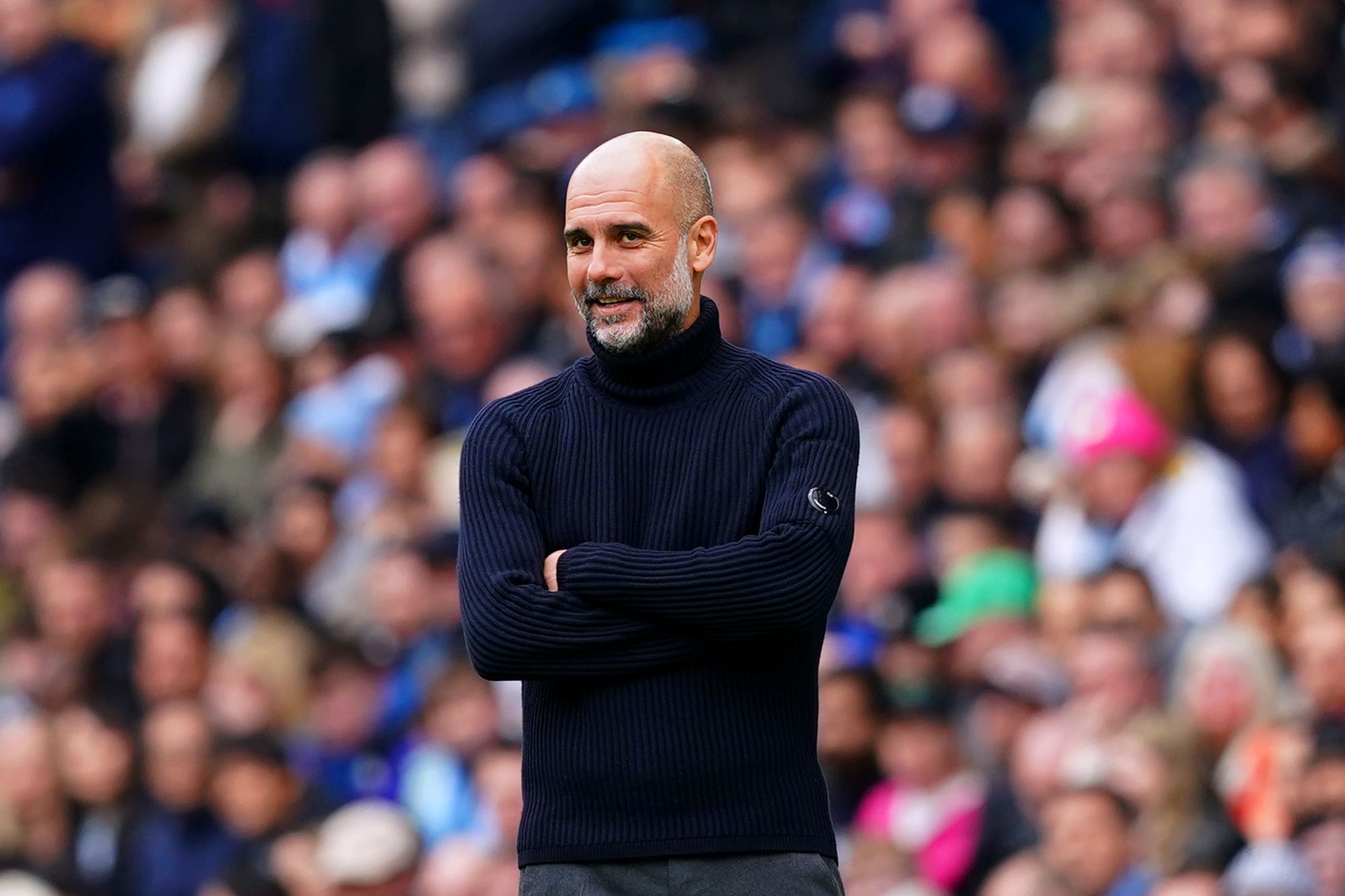 Manchester City manager Pep Guardiola during the Premier League match at the Etihad Stadium, Manchester. Picture date: Saturday April 13, 2024.