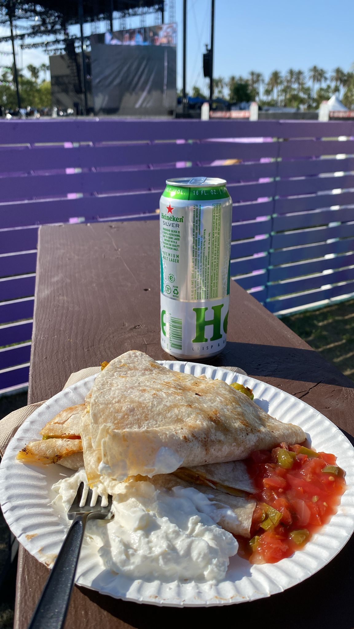 Veggie quesadilla and beer at Coachella