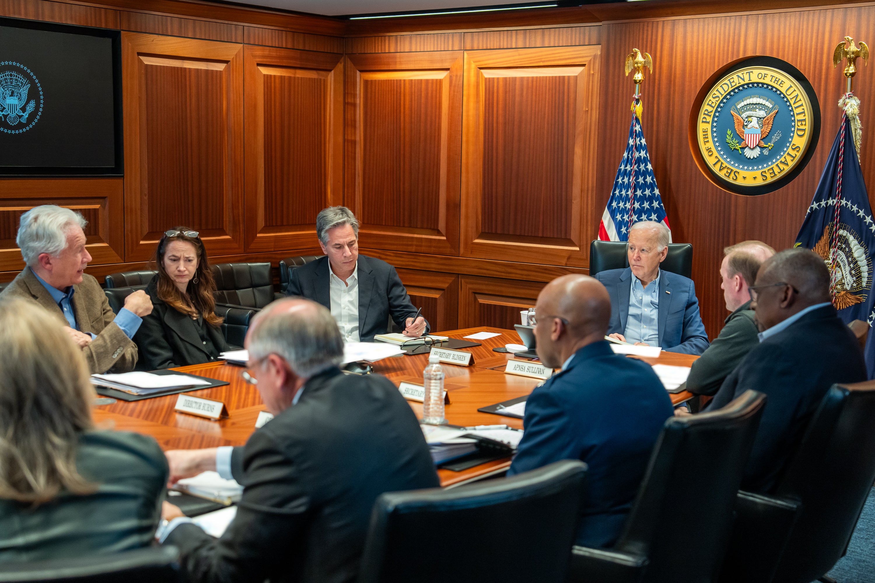 President Joe Biden meets with member of the National Security team regarding the unfolding missile attacks on Israel from Iran, Saturday, April 13, 2024, in the White House Situation Room. (Official White House Photo by Adam Schultz)