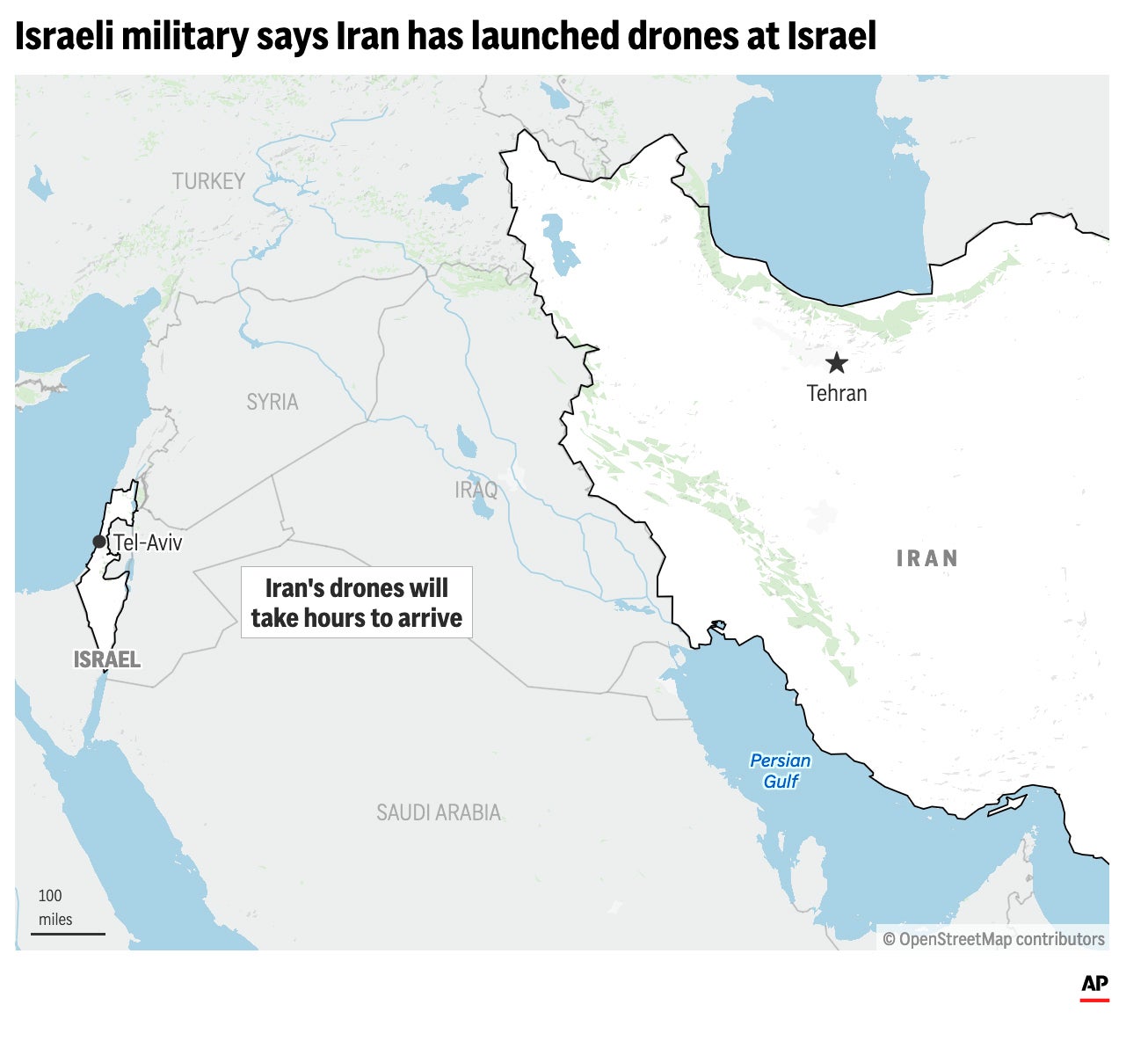 The following map locates Israel and Iran after Iran has fired drones at Israel
