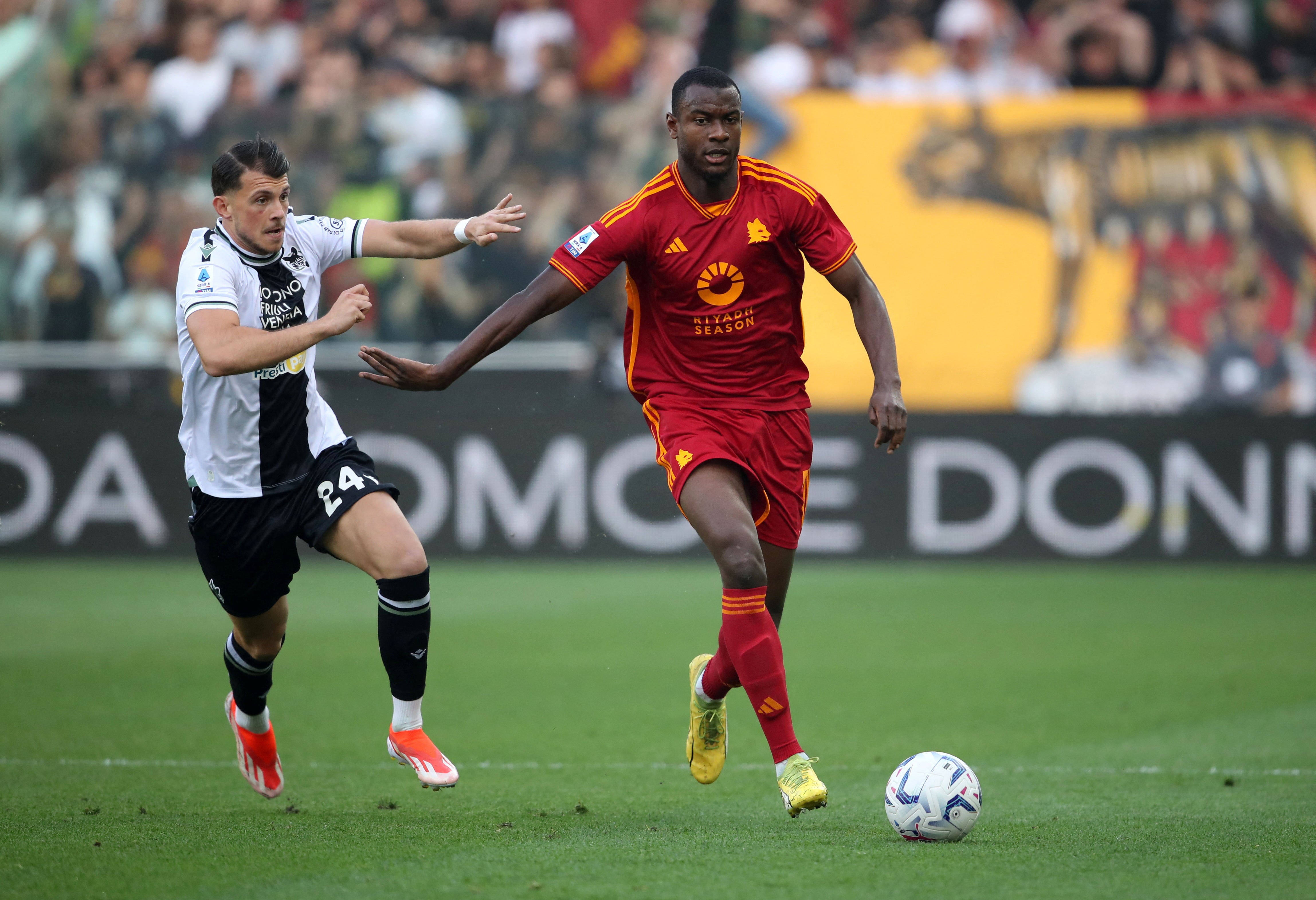 AS Roma’s Evan Ndicka in action with Udinese’s Lazar Samardzic